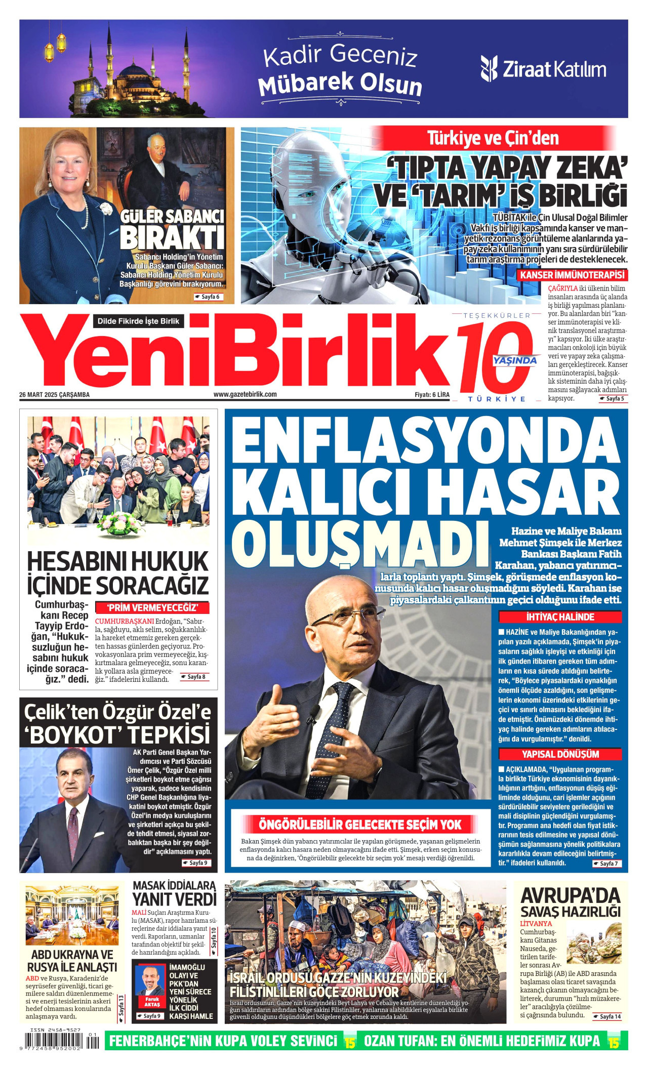 YENİBİRLİK gazetesinin 26 Mart 2025 tarihli birinci sayfası