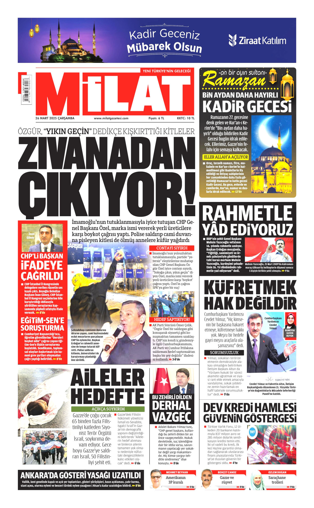 MİLAT gazetesinin 26 Mart 2025 tarihli birinci sayfası