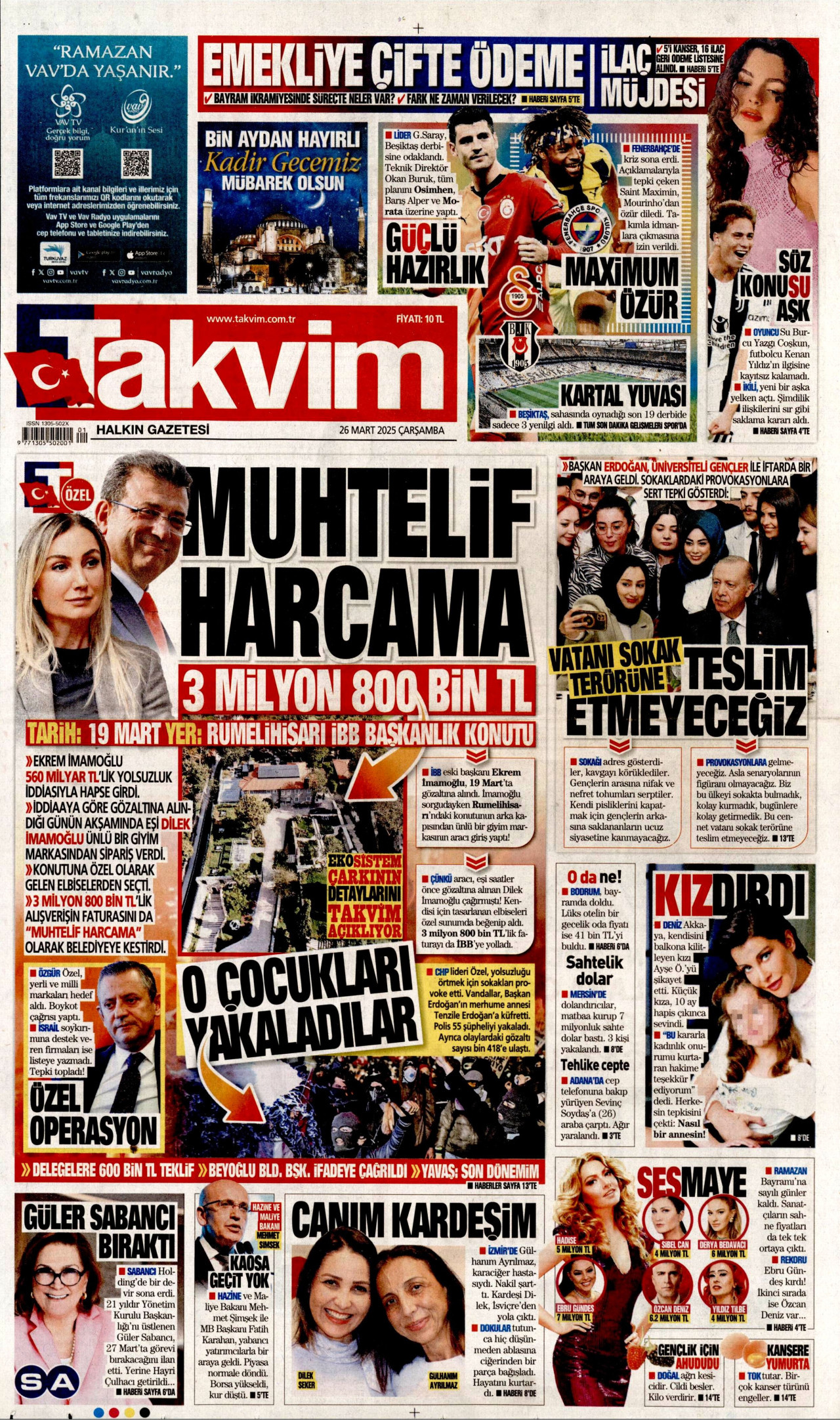 TAKVİM gazetesinin 26 Mart 2025 tarihli birinci sayfası