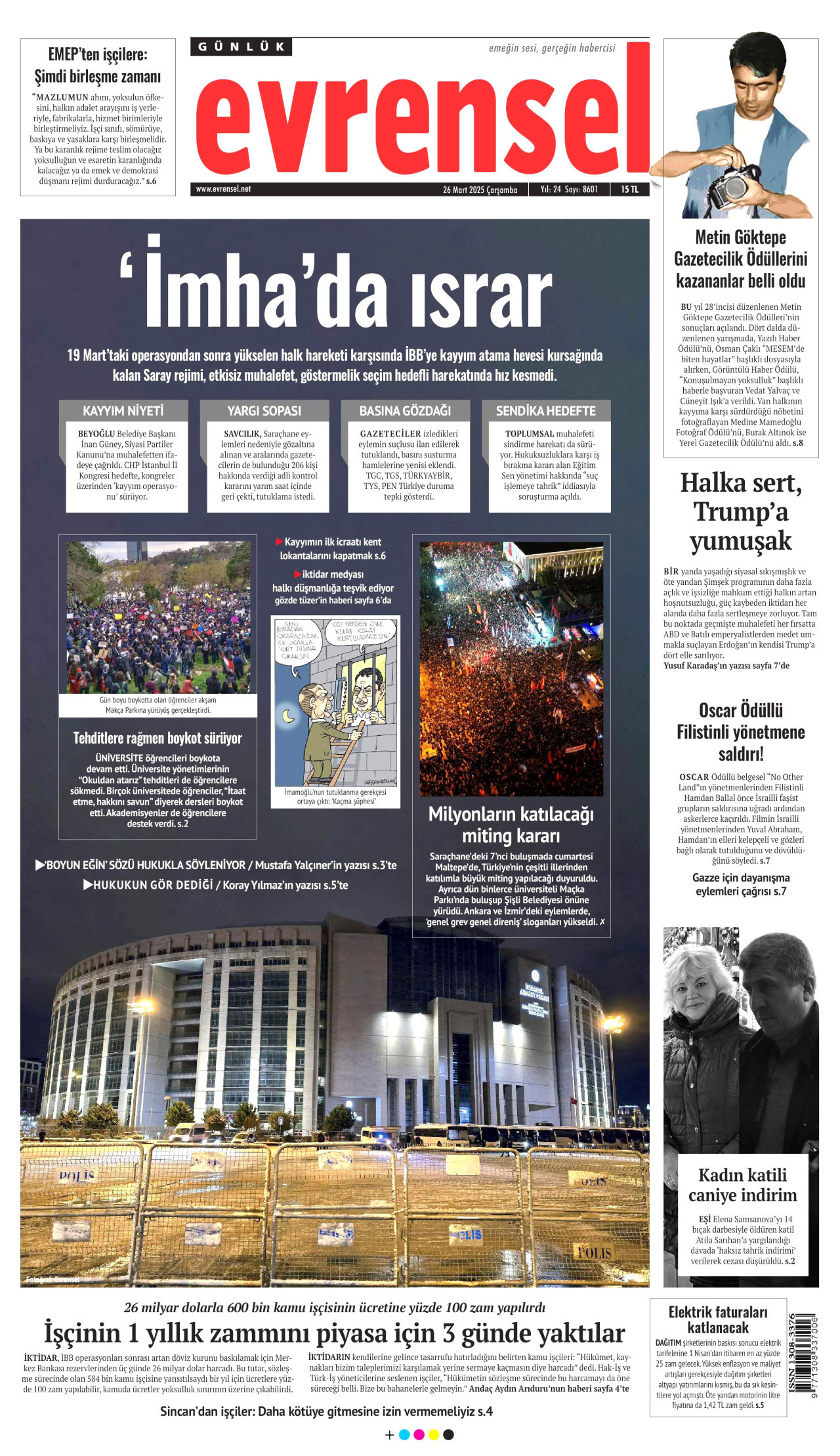 EVRENSEL gazetesinin 26 Mart 2025 tarihli birinci sayfası