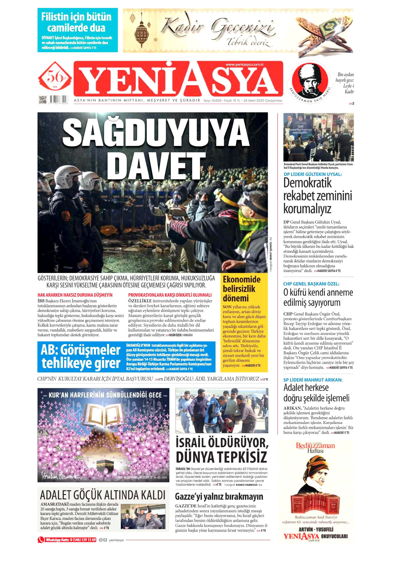 YENİ ASYA gazetesinin 26 Mart 2025 tarihli birinci sayfası