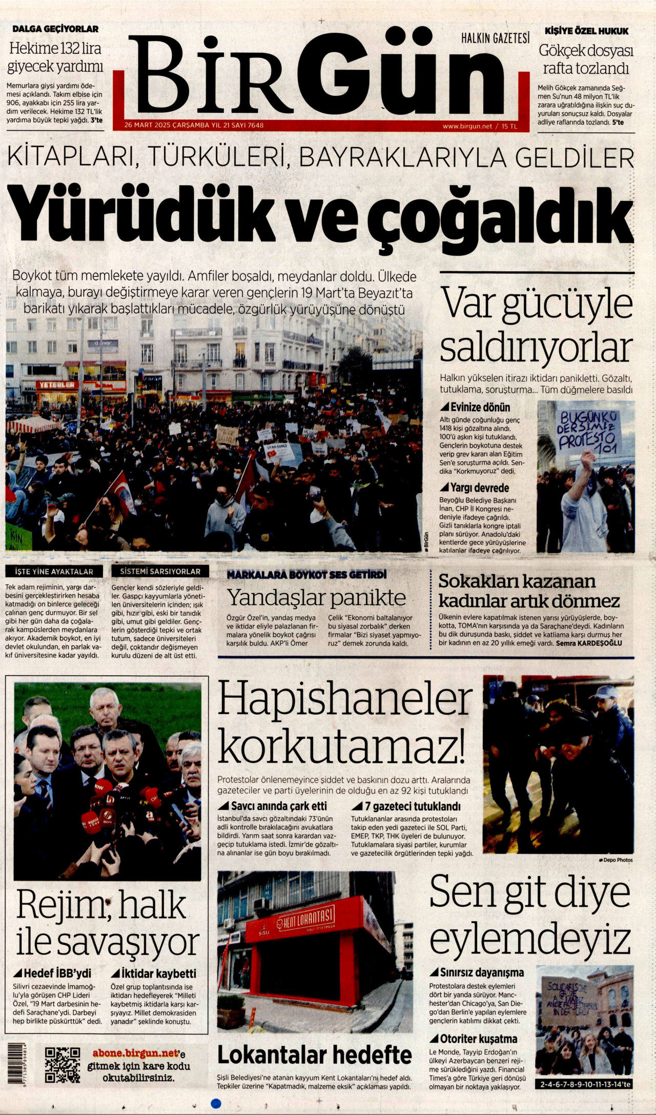 BİRGÜN gazetesinin 26 Mart 2025 tarihli birinci sayfası