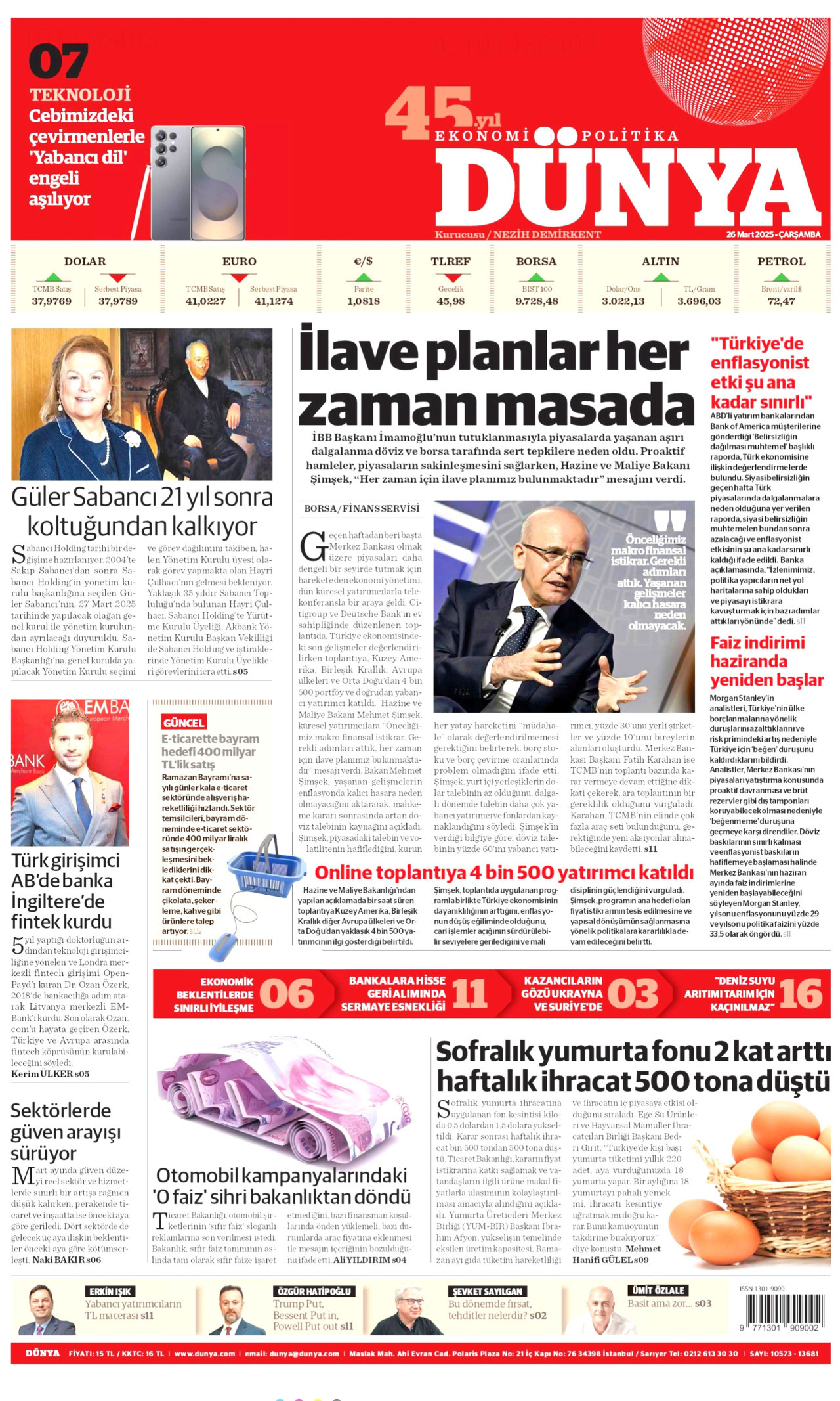 DÜNYA gazetesinin 26 Mart 2025 tarihli birinci sayfası