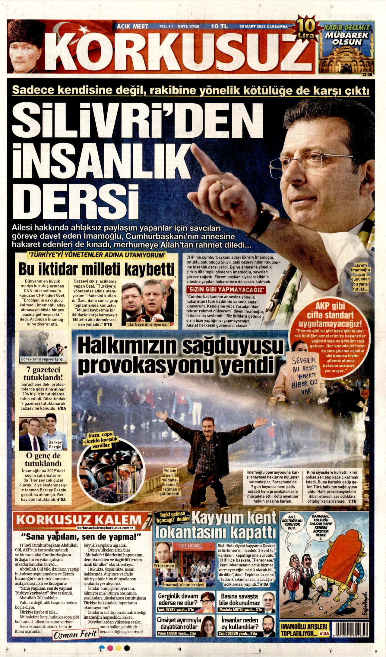 KORKUSUZ gazetesinin 26 Mart 2025 tarihli birinci sayfası