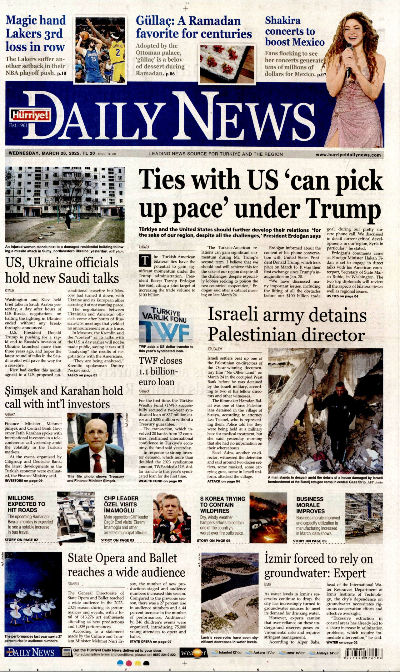 HÜRRİYET DAİLY NEWS gazetesinin 26 Mart 2025 tarihli birinci sayfası