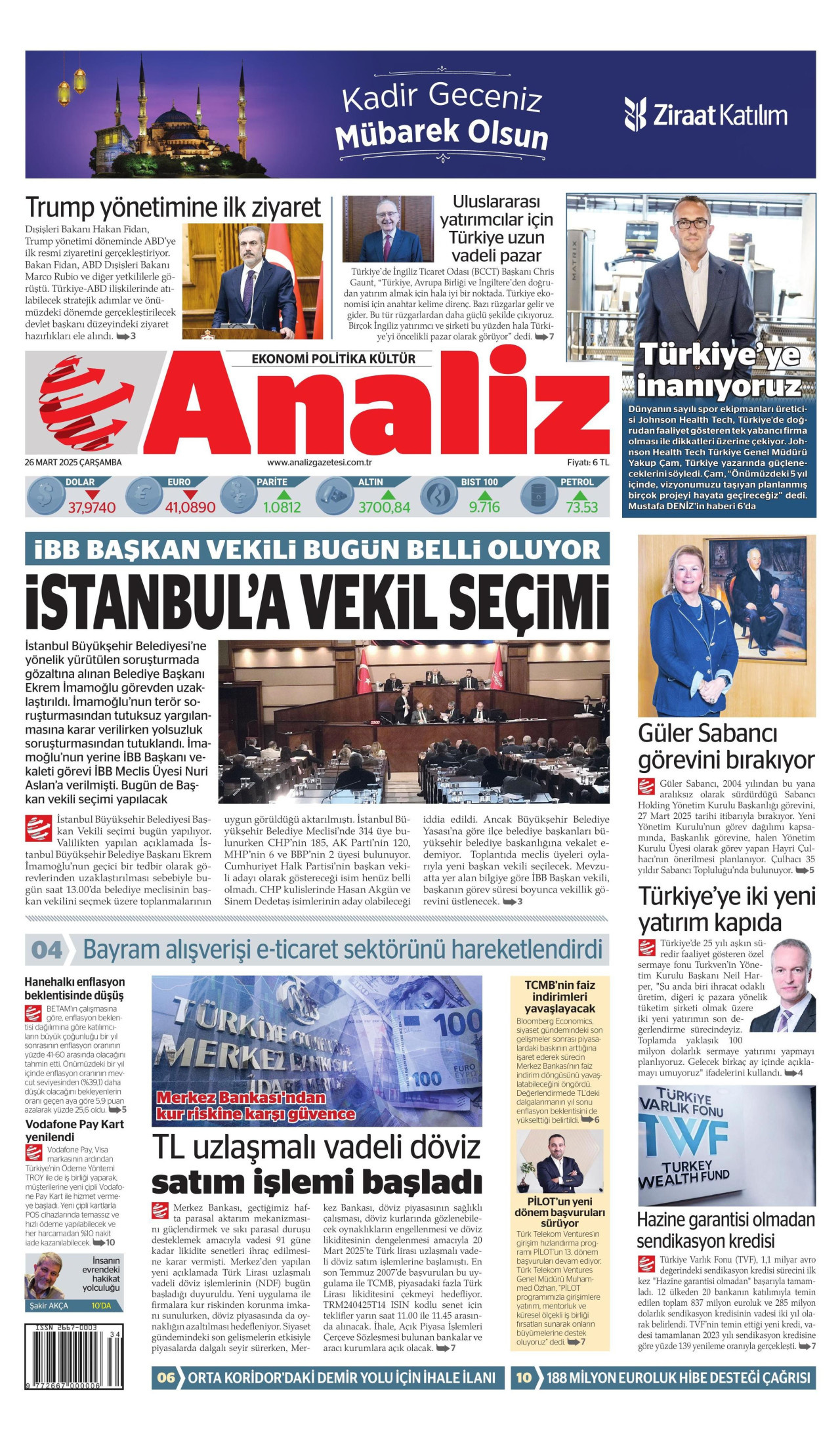ANALİZ gazetesinin 26 Mart 2025 tarihli birinci sayfası