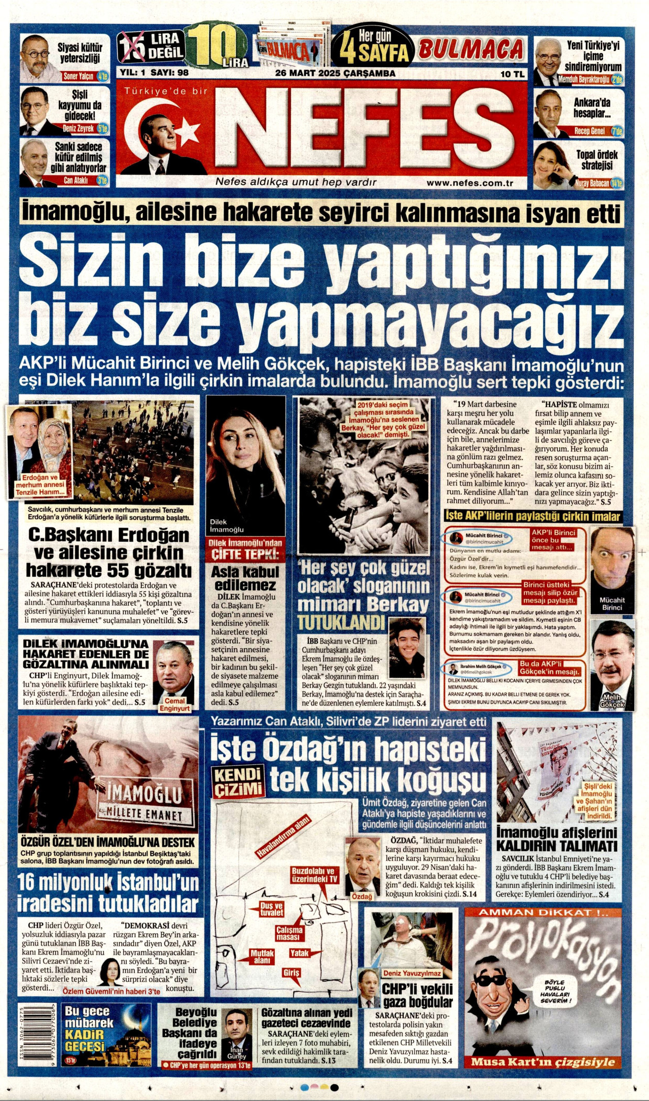 NEFES gazetesinin 26 Mart 2025 tarihli birinci sayfası
