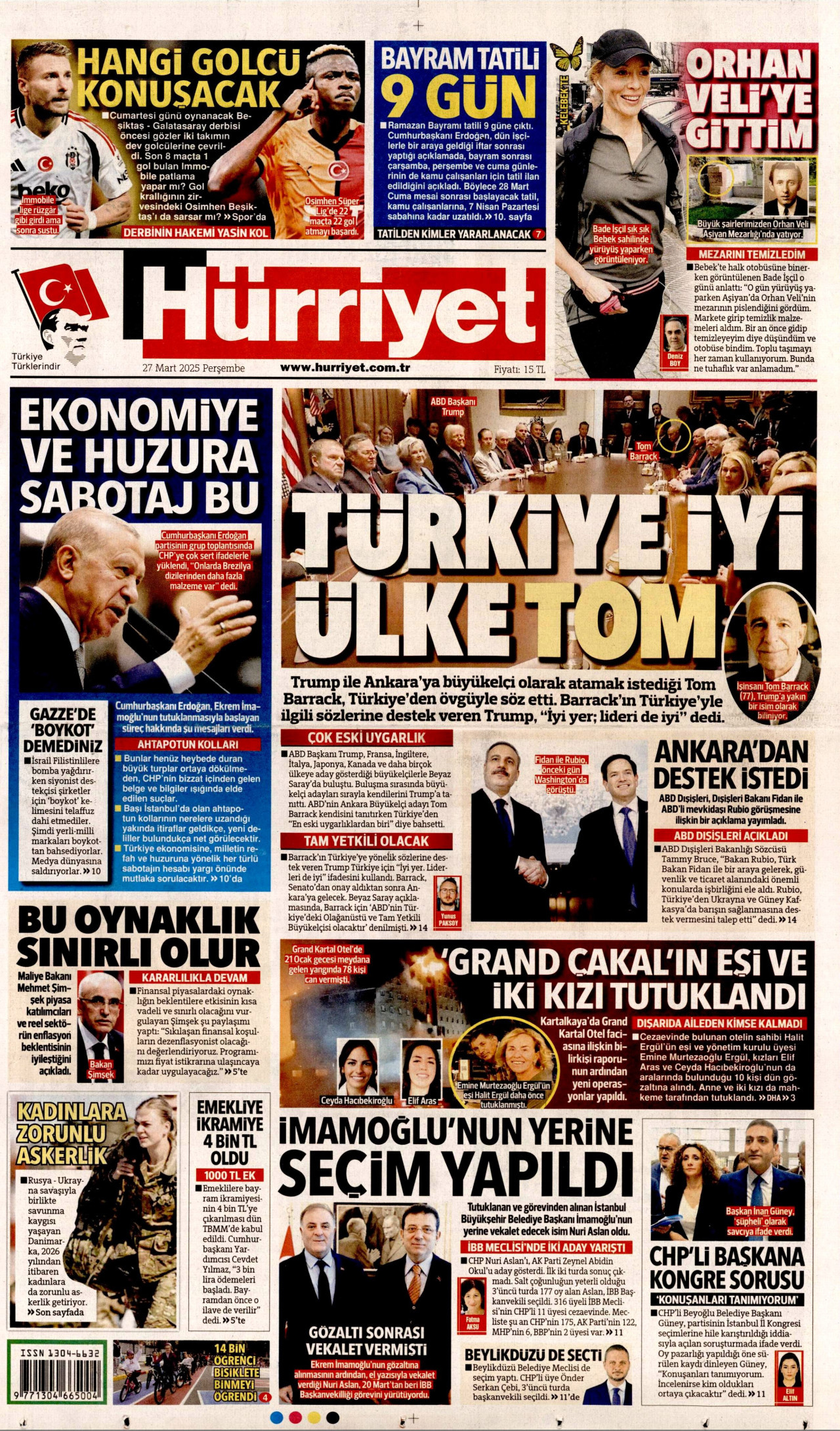 HÜRRİYET gazetesinin 27 Mart 2025 tarihli birinci sayfası