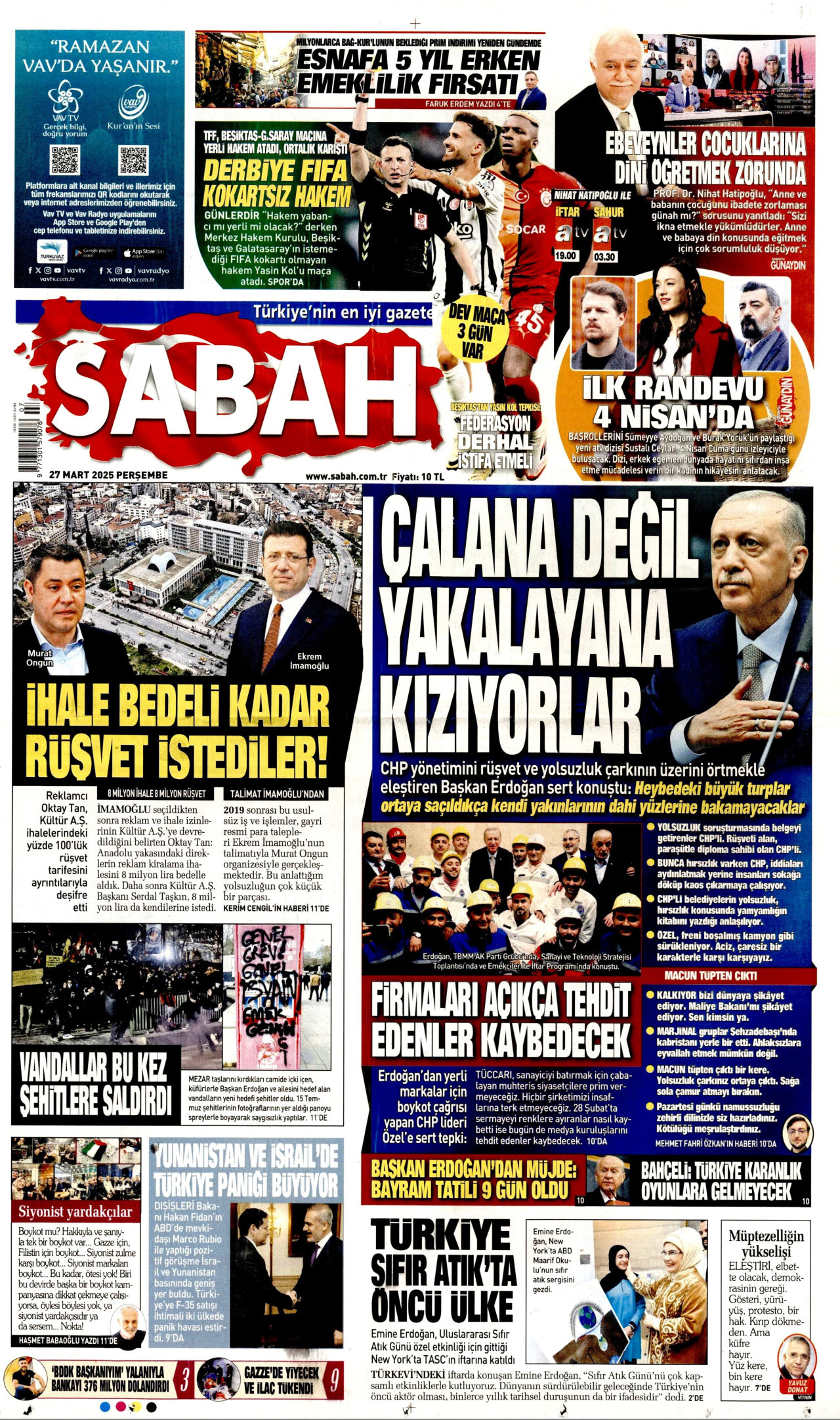 SABAH gazetesinin 27 Mart 2025 tarihli birinci sayfası