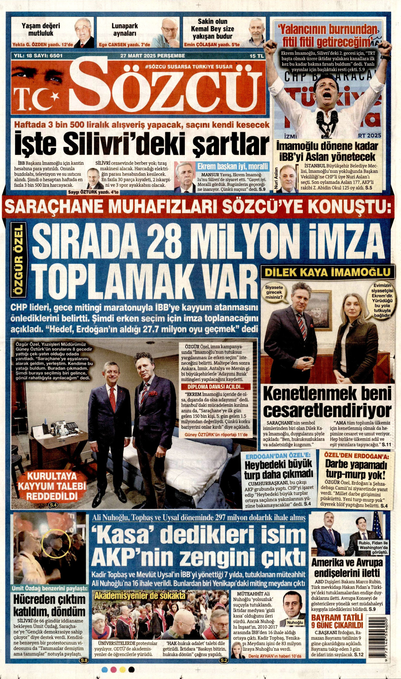 SÖZCÜ gazetesinin 27 Mart 2025 tarihli birinci sayfası