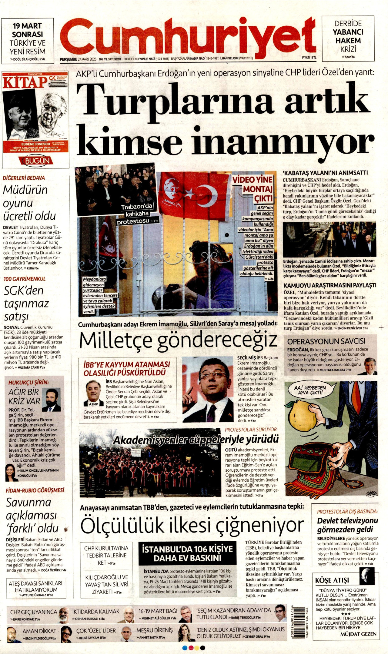 CUMHURİYET gazetesinin 27 Mart 2025 tarihli birinci sayfası