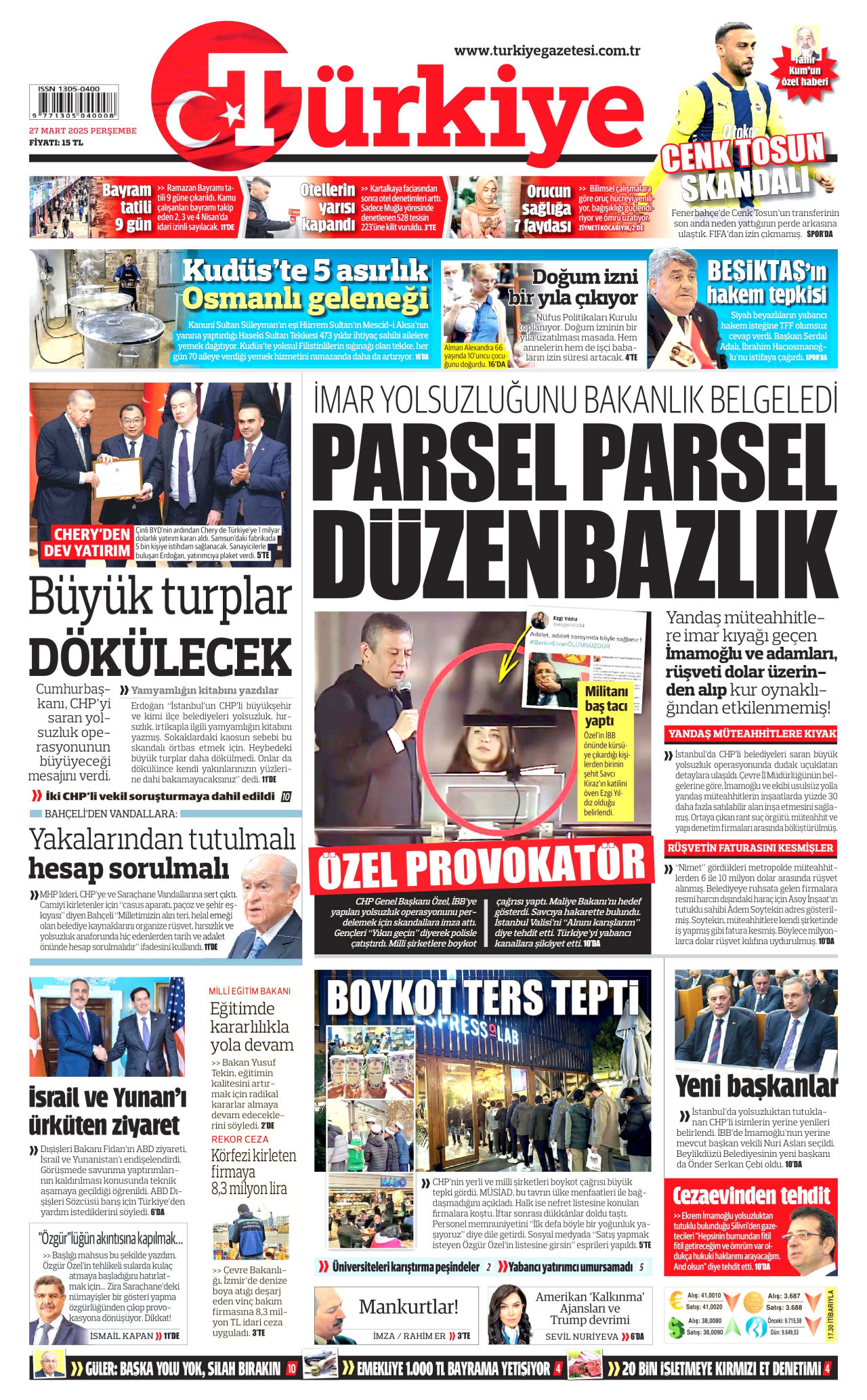 TÜRKİYE GAZETESİ gazetesinin 27 Mart 2025 tarihli birinci sayfası