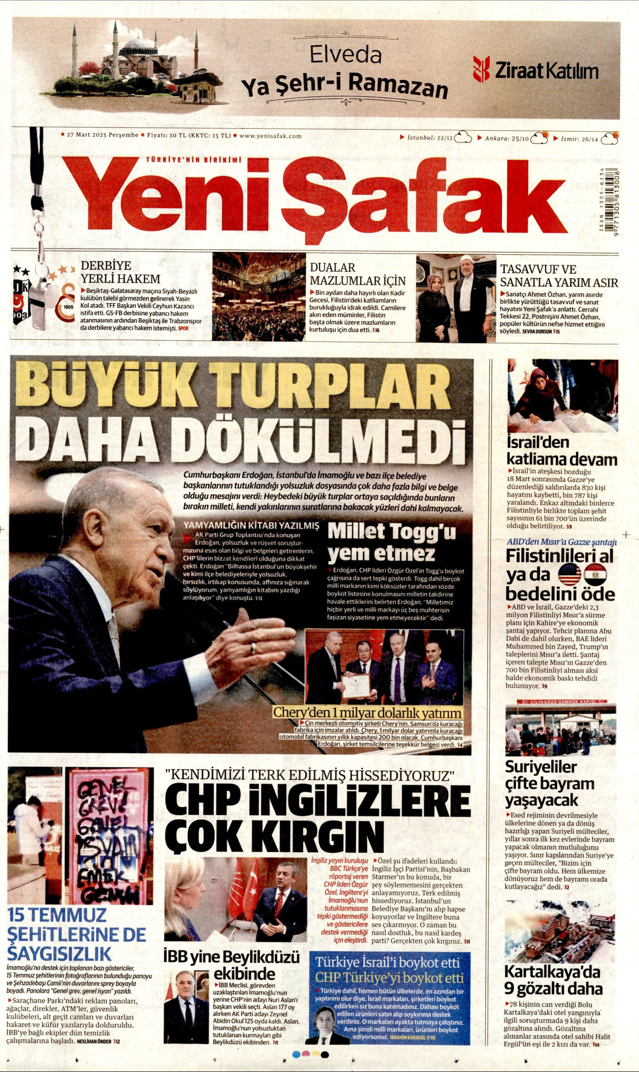 YENİ ŞAFAK gazetesinin 27 Mart 2025 tarihli birinci sayfası