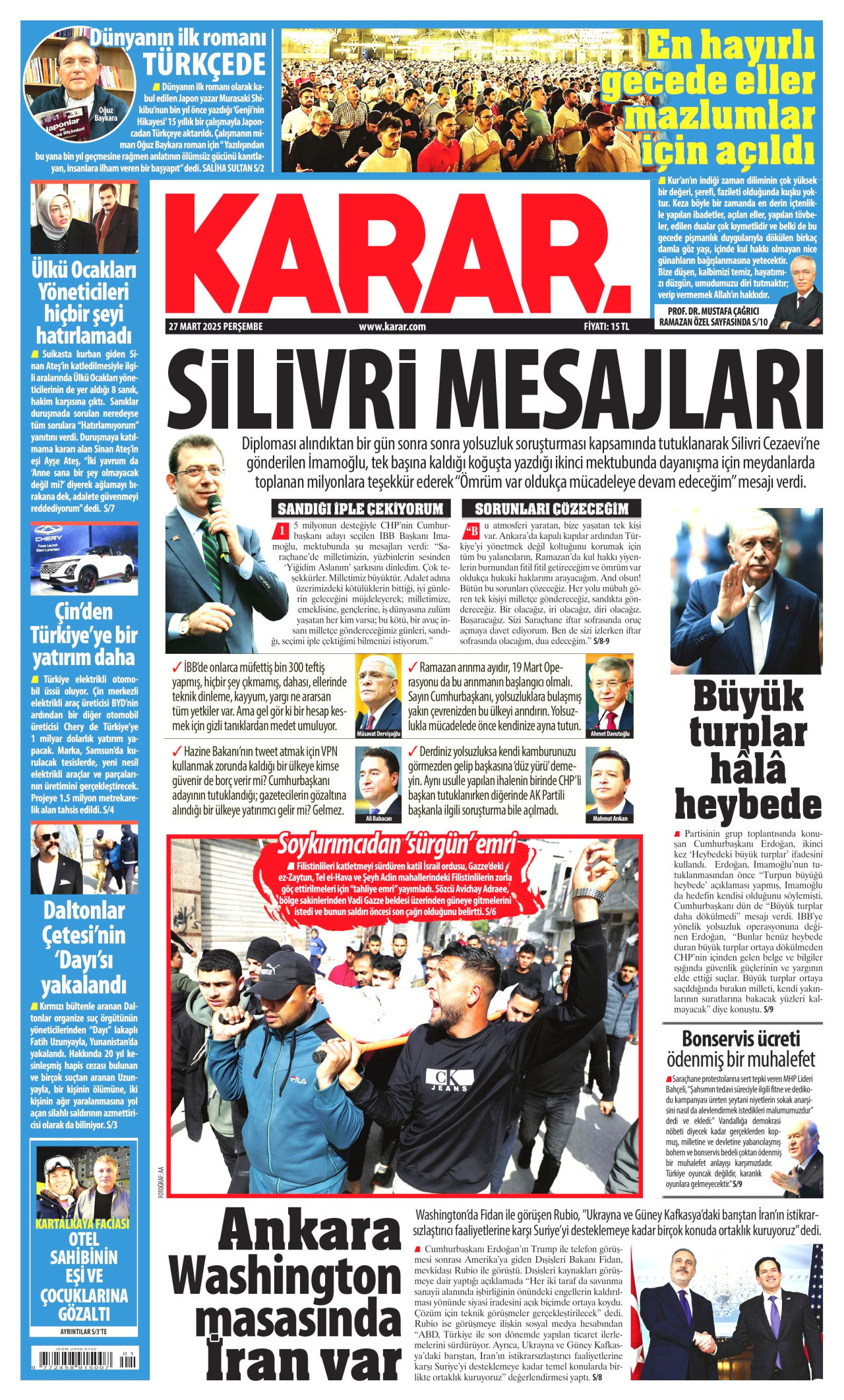KARAR gazetesinin 27 Mart 2025 tarihli birinci sayfası