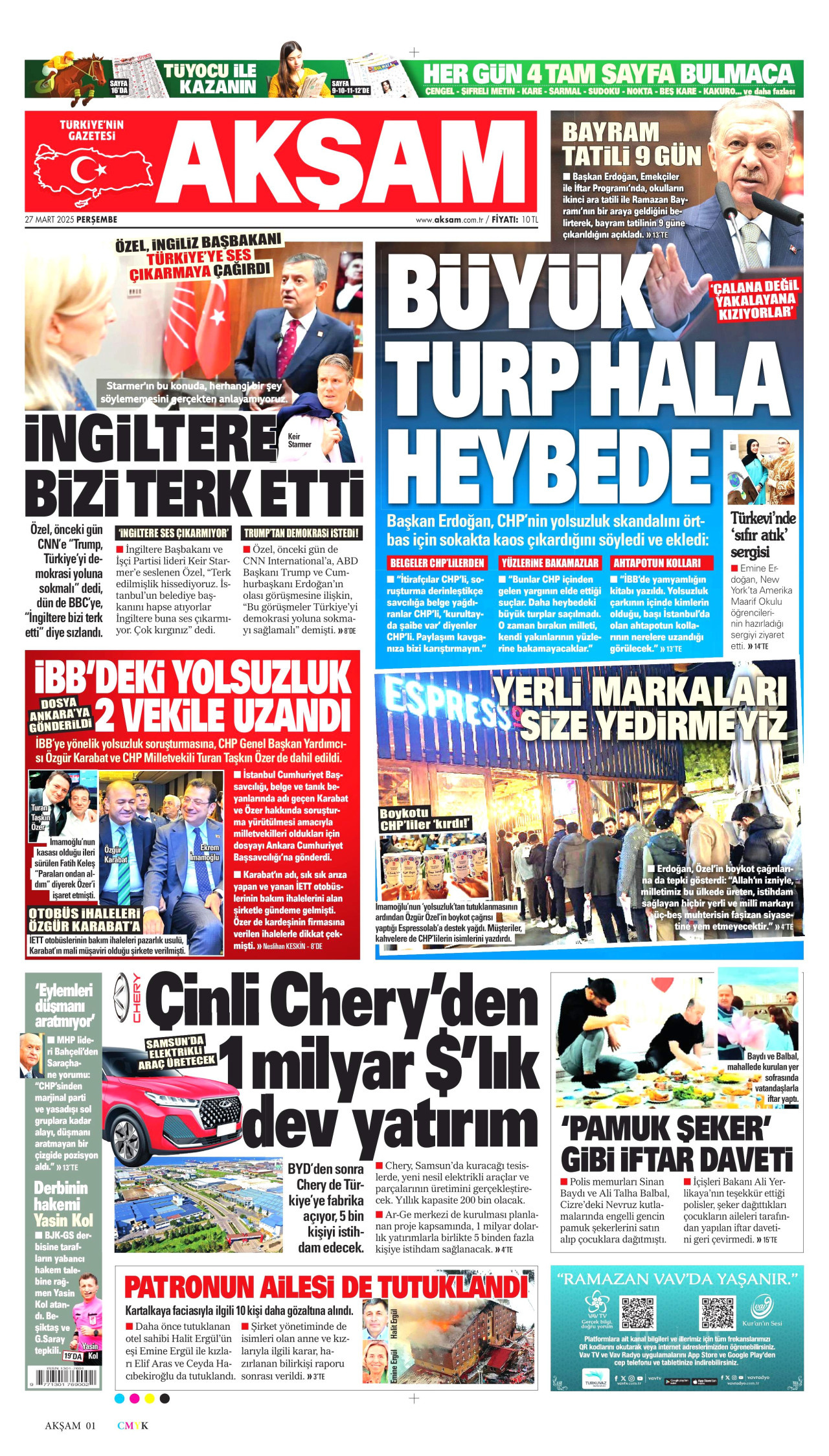 AKŞAM gazetesinin 27 Mart 2025 tarihli birinci sayfası