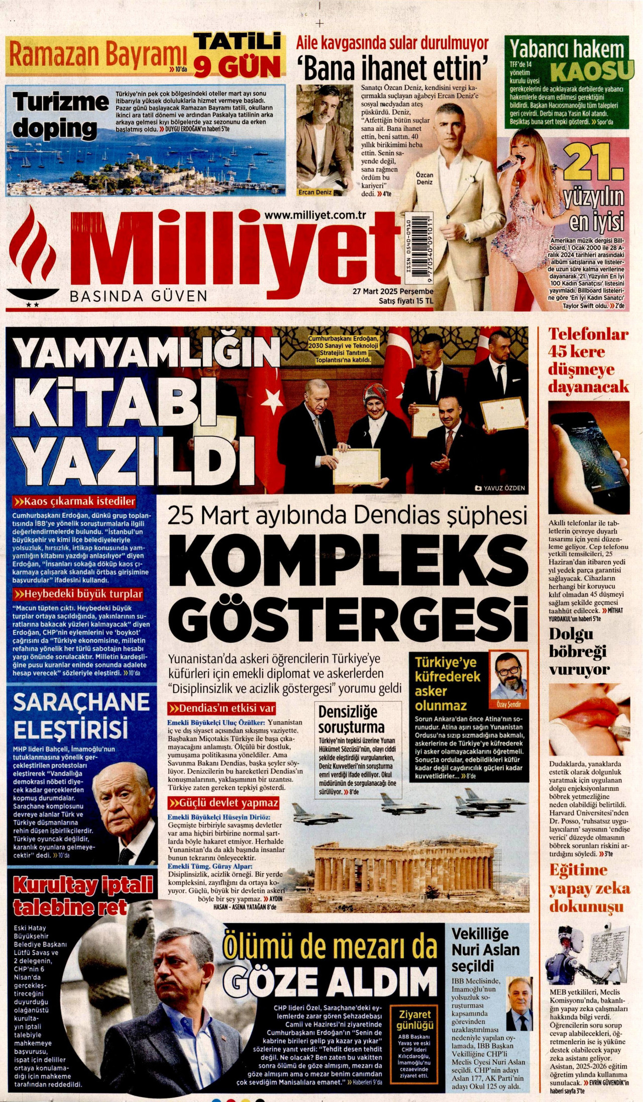 MİLLİYET gazetesinin 27 Mart 2025 tarihli birinci sayfası