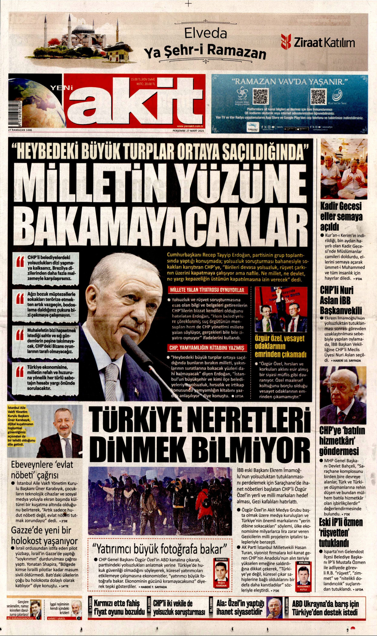 YENİ AKİT gazetesinin 27 Mart 2025 tarihli birinci sayfası