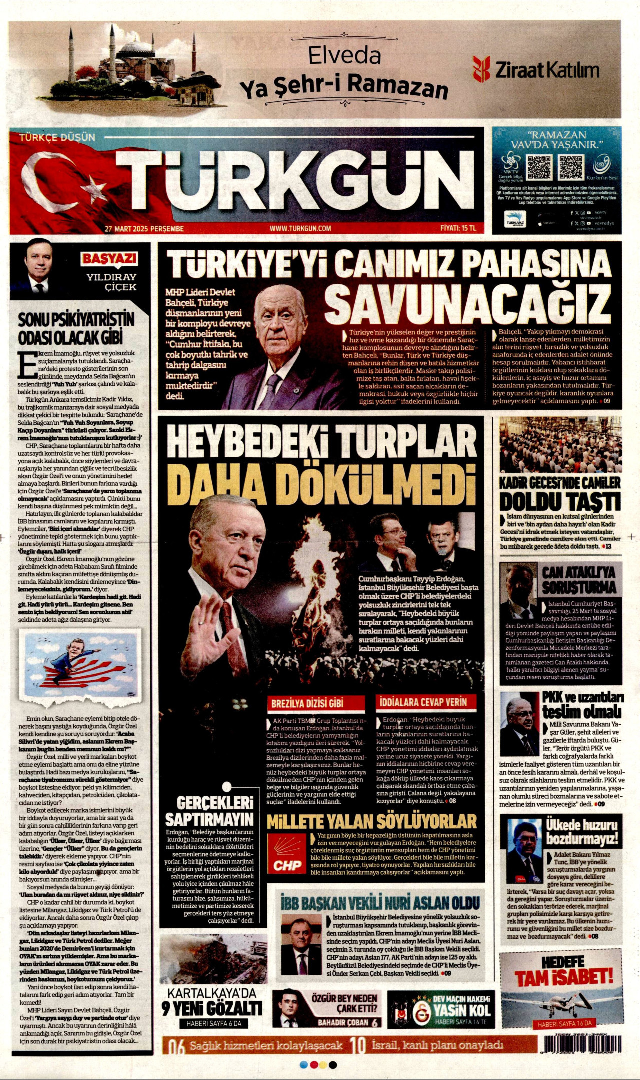 TÜRKGÜN gazetesinin 27 Mart 2025 tarihli birinci sayfası