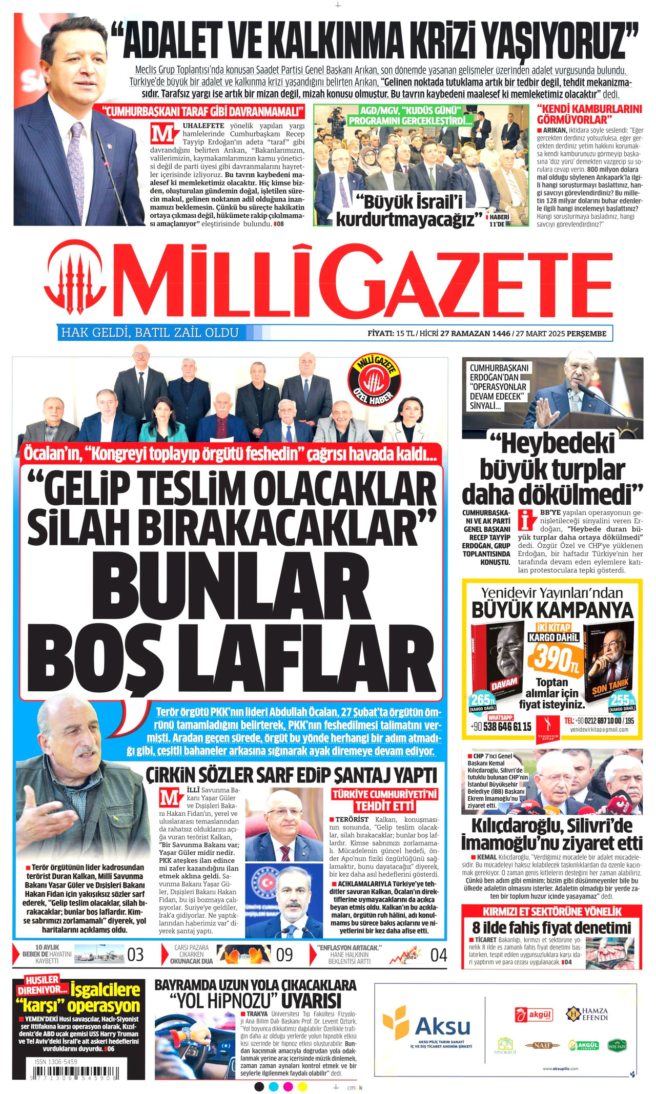 MİLLİ GAZETE gazetesinin 27 Mart 2025 tarihli birinci sayfası