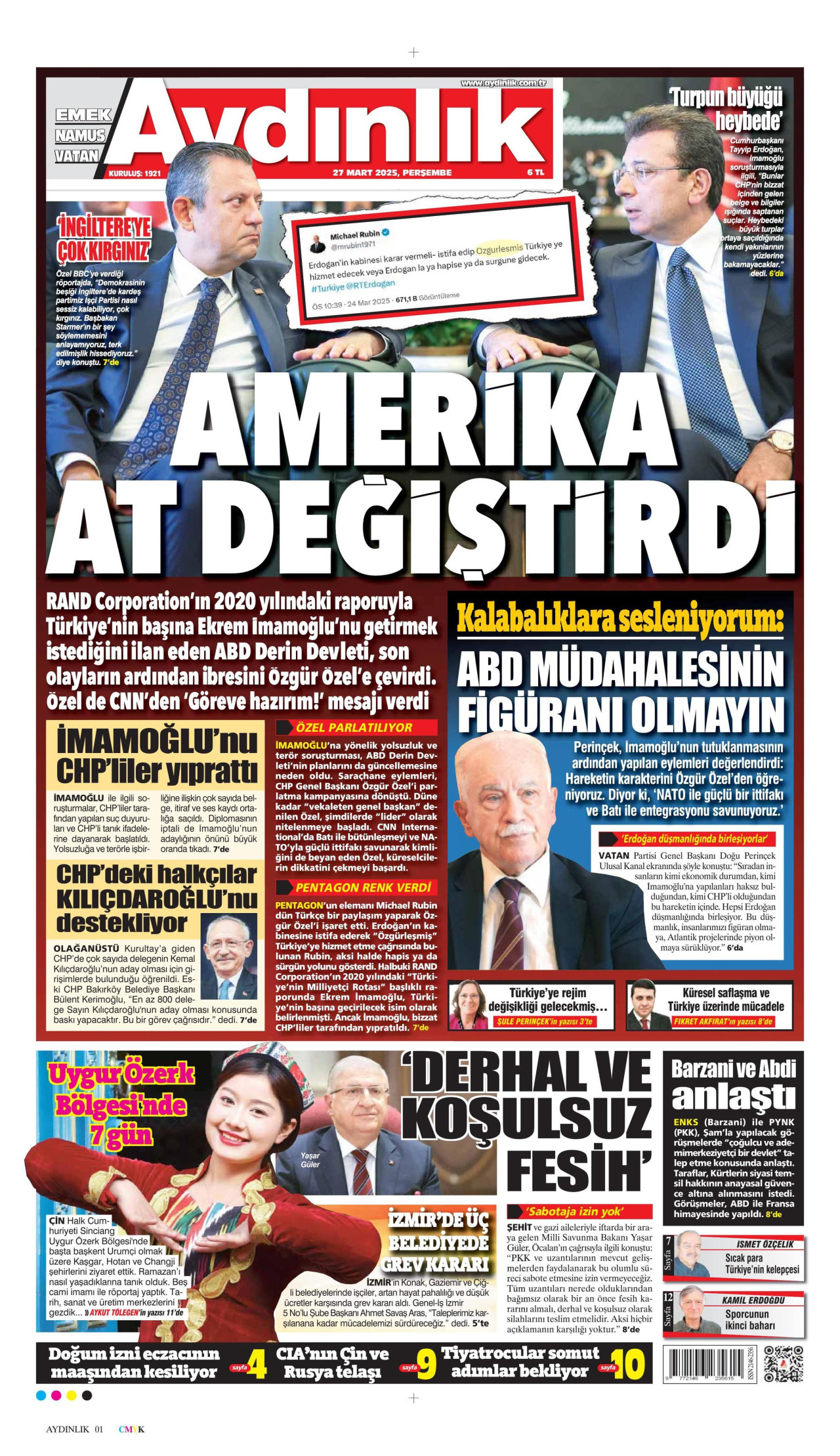 AYDINLIK GAZETESİ gazetesinin 27 Mart 2025 tarihli birinci sayfası