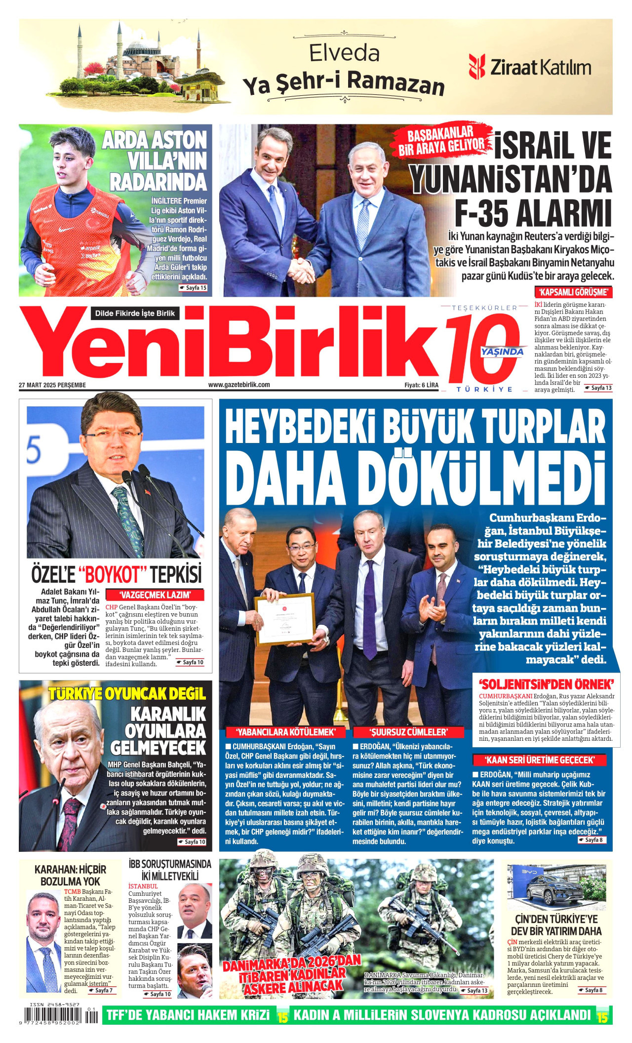 YENİBİRLİK gazetesinin 27 Mart 2025 tarihli birinci sayfası