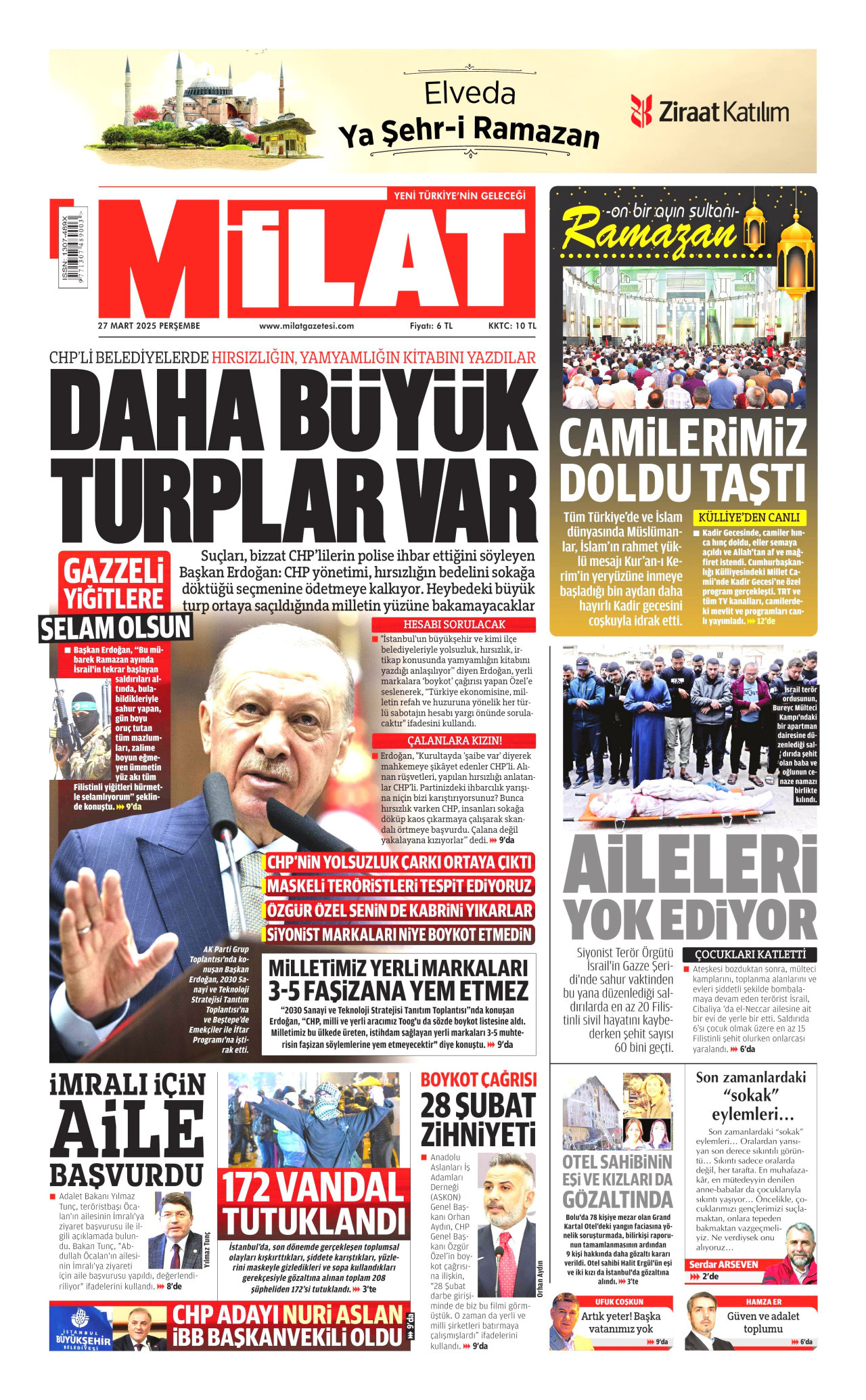 MİLAT gazetesinin 27 Mart 2025 tarihli birinci sayfası
