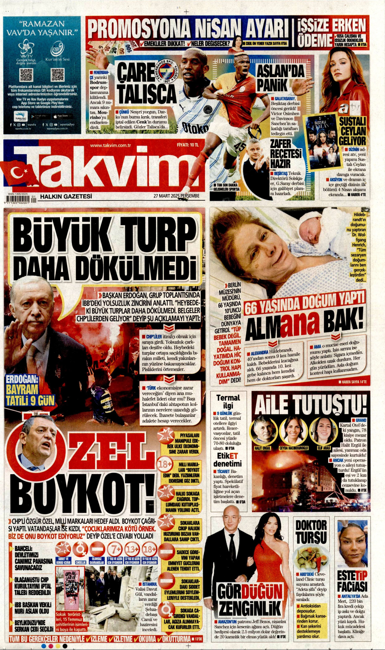 TAKVİM gazetesinin 27 Mart 2025 tarihli birinci sayfası