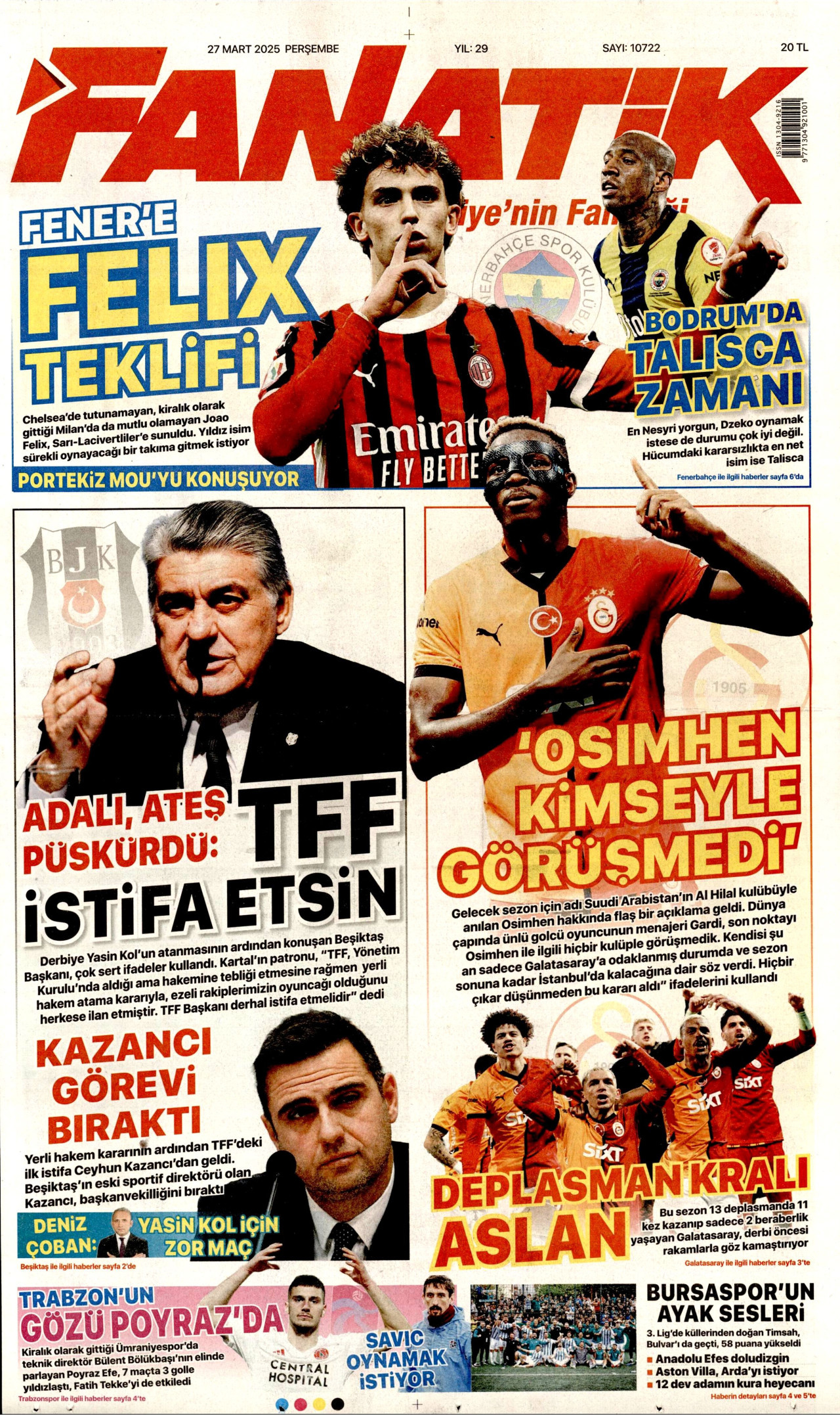 FANATİK gazetesinin 27 Mart 2025 tarihli birinci sayfası