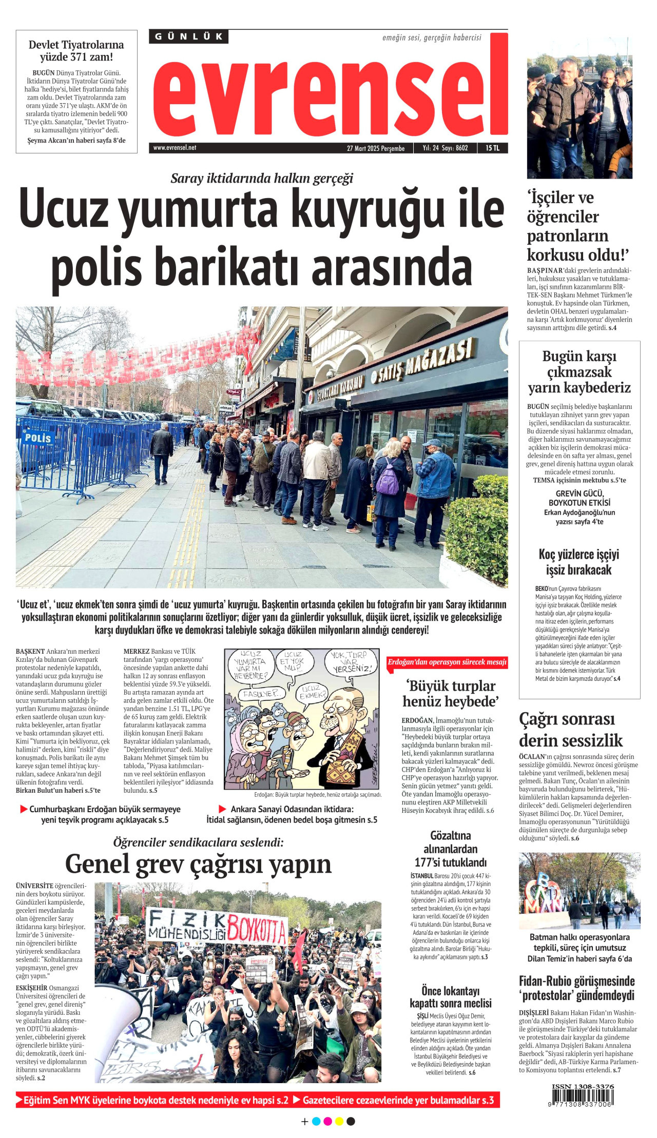 EVRENSEL gazetesinin 27 Mart 2025 tarihli birinci sayfası