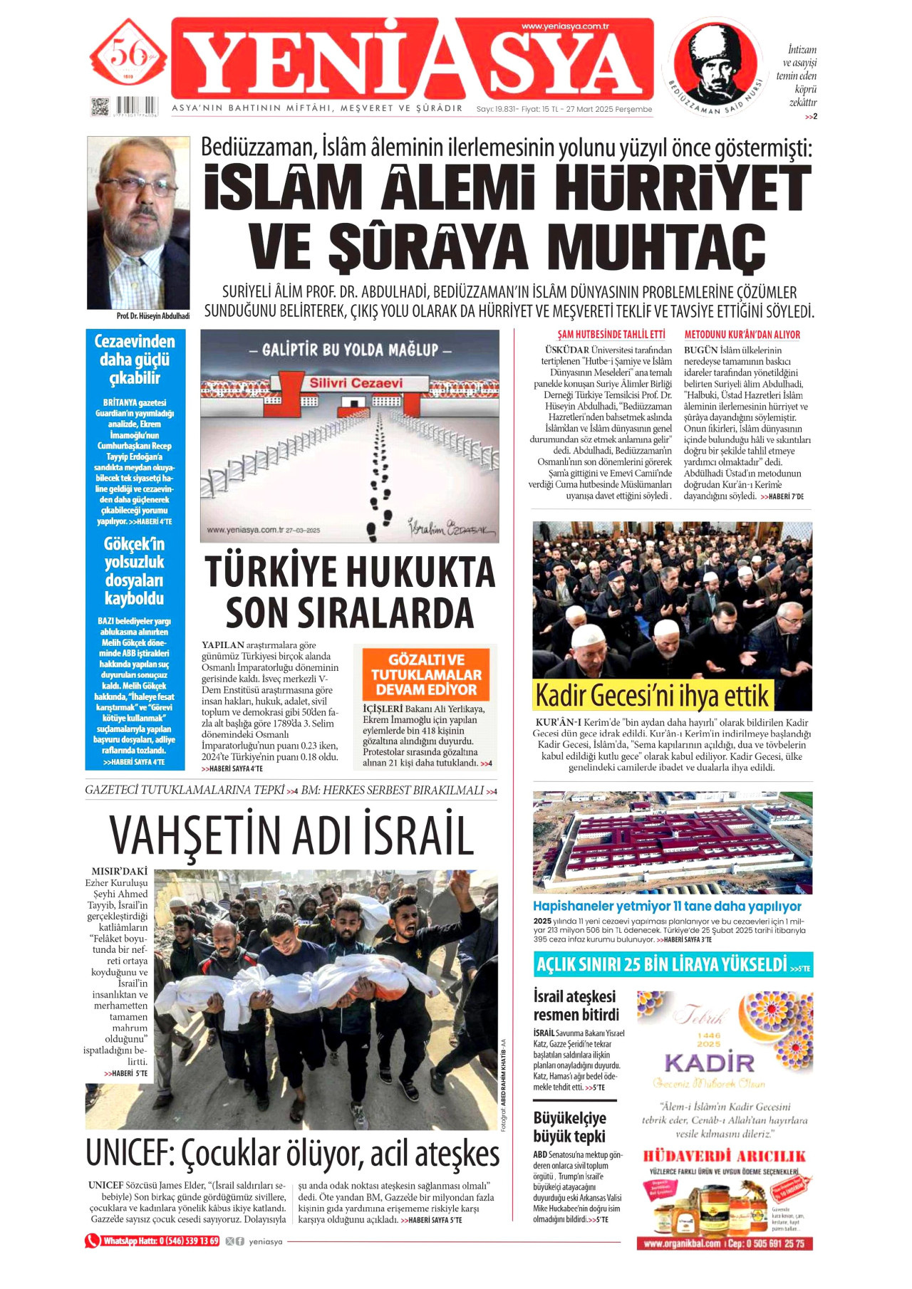 YENİ ASYA gazetesinin 27 Mart 2025 tarihli birinci sayfası