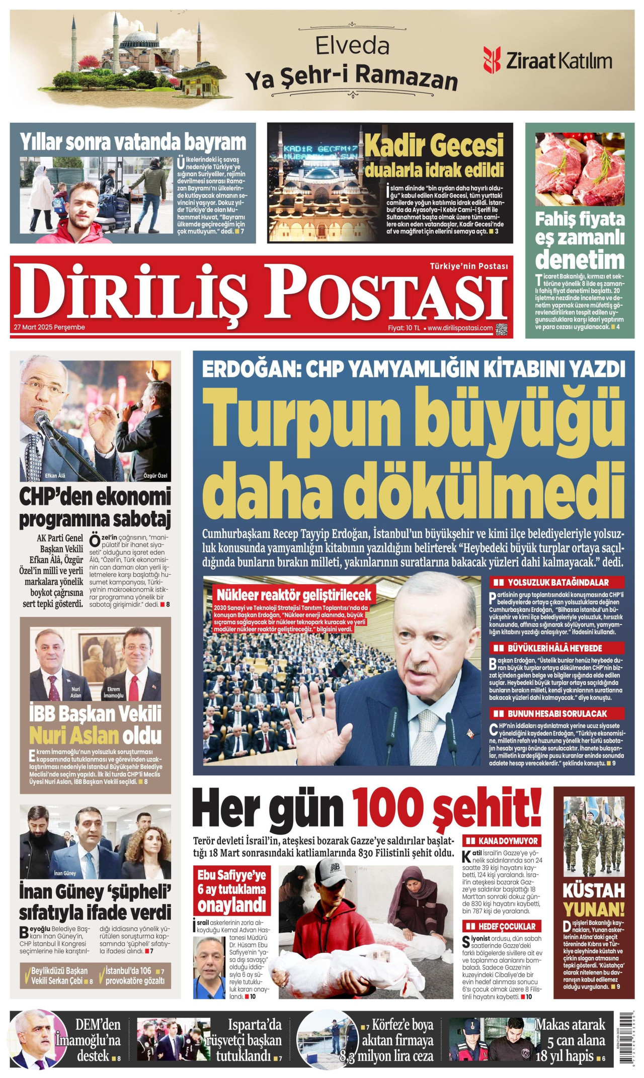 DİRİLİŞ POSTASI gazetesinin 27 Mart 2025 tarihli birinci sayfası