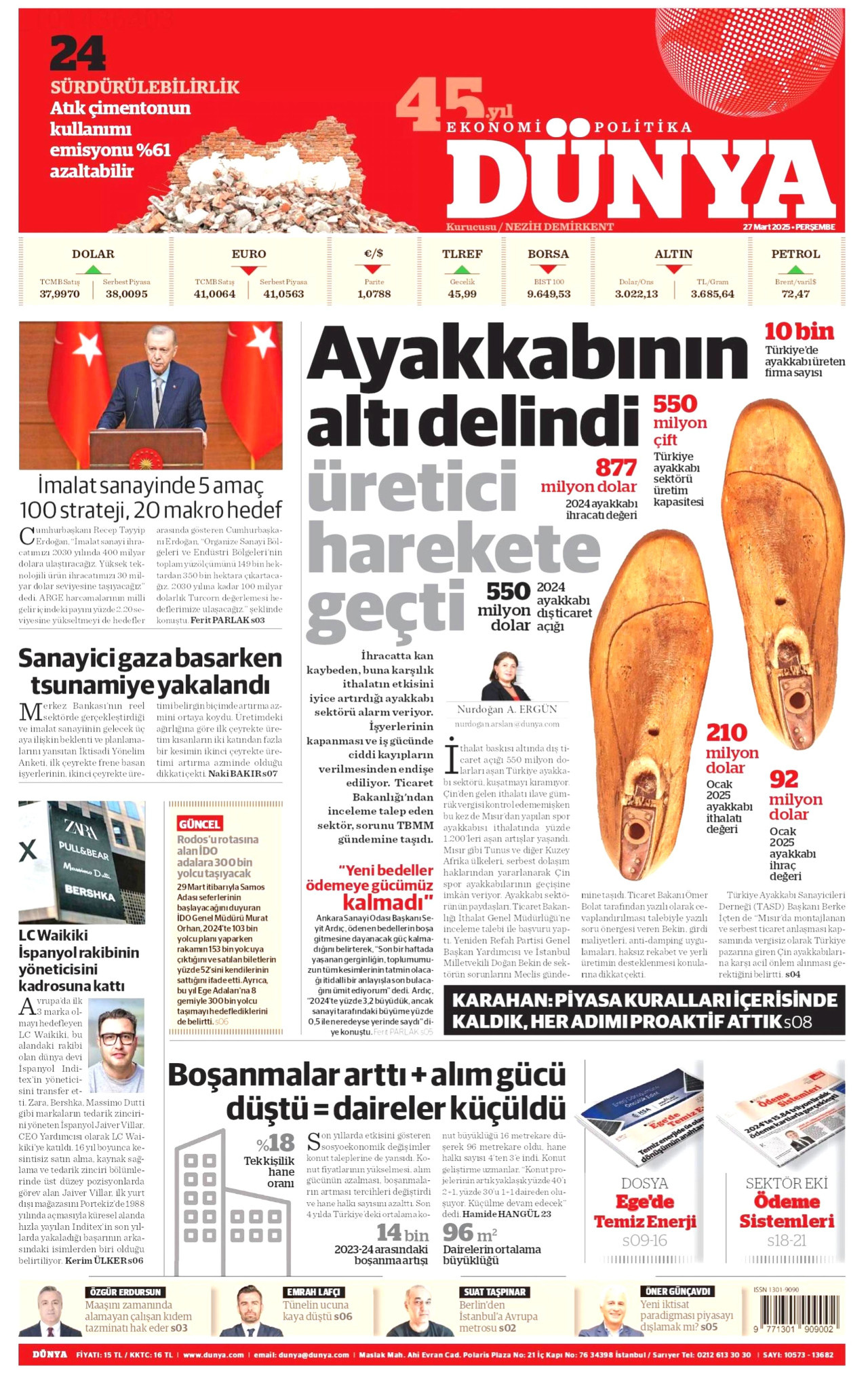 DÜNYA gazetesinin 27 Mart 2025 tarihli birinci sayfası