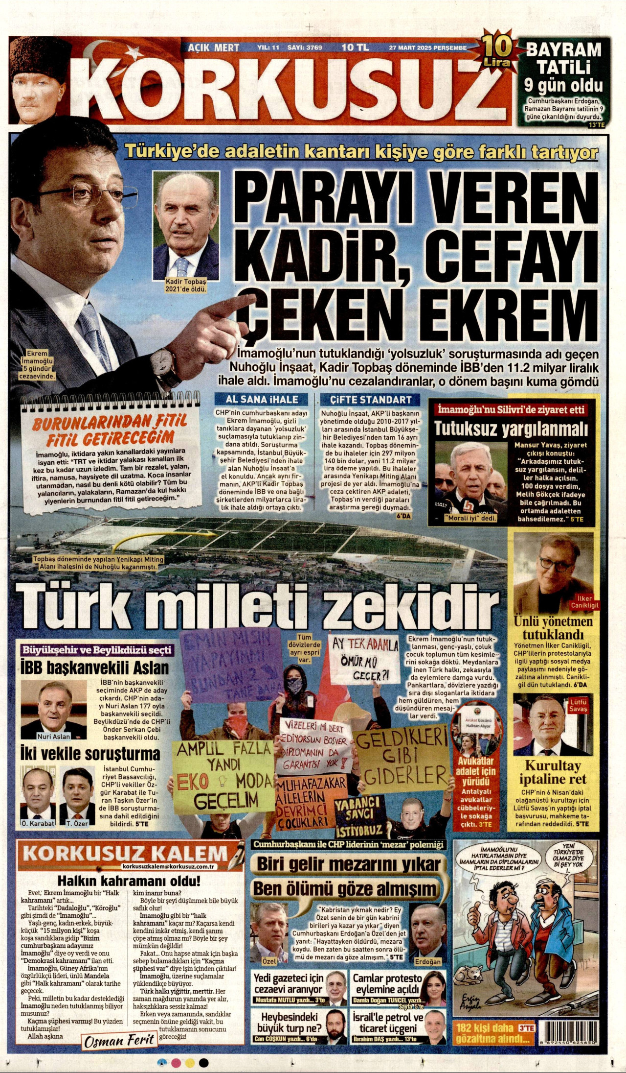 KORKUSUZ gazetesinin 27 Mart 2025 tarihli birinci sayfası
