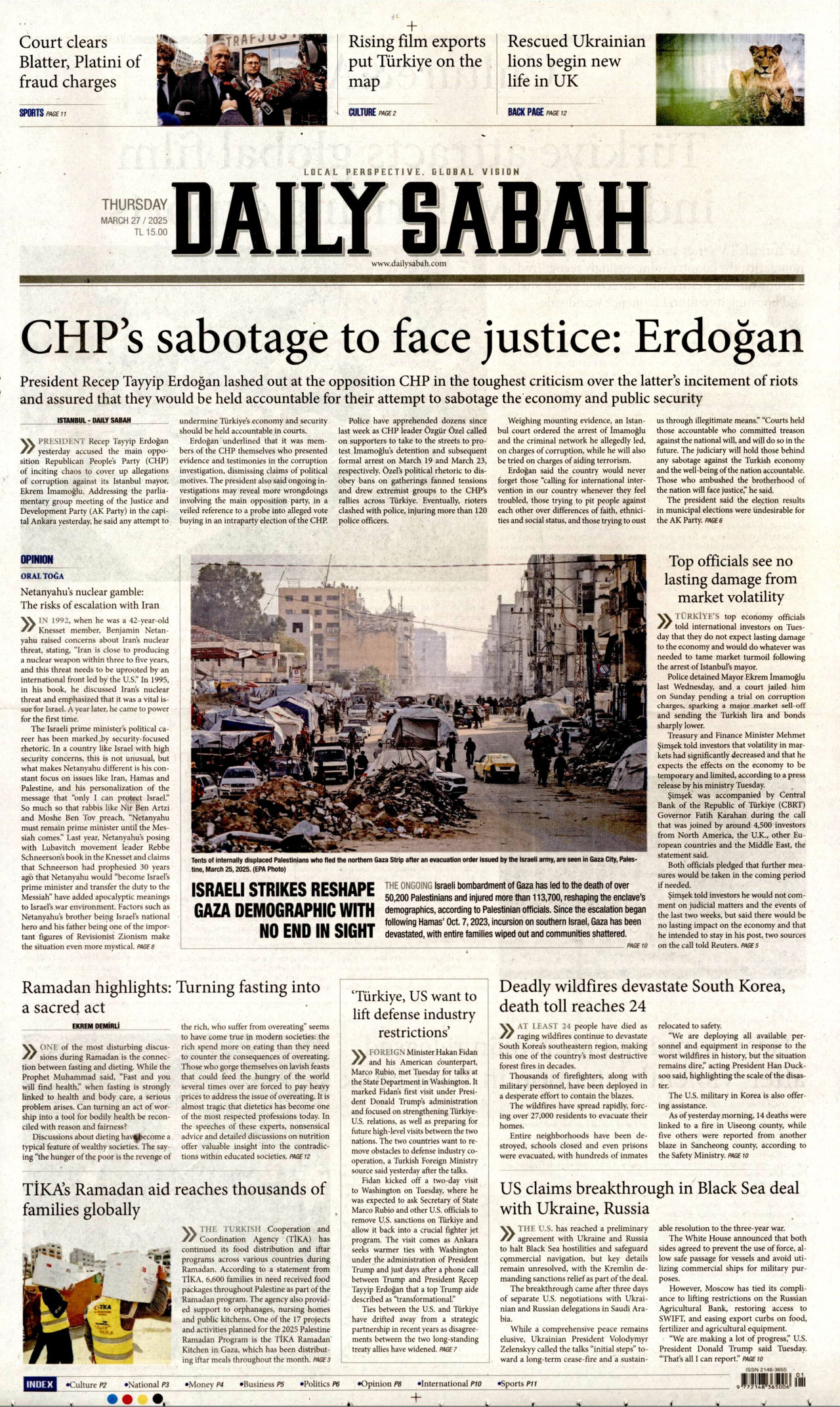 DAİLY SABAH gazetesinin 27 Mart 2025 tarihli birinci sayfası
