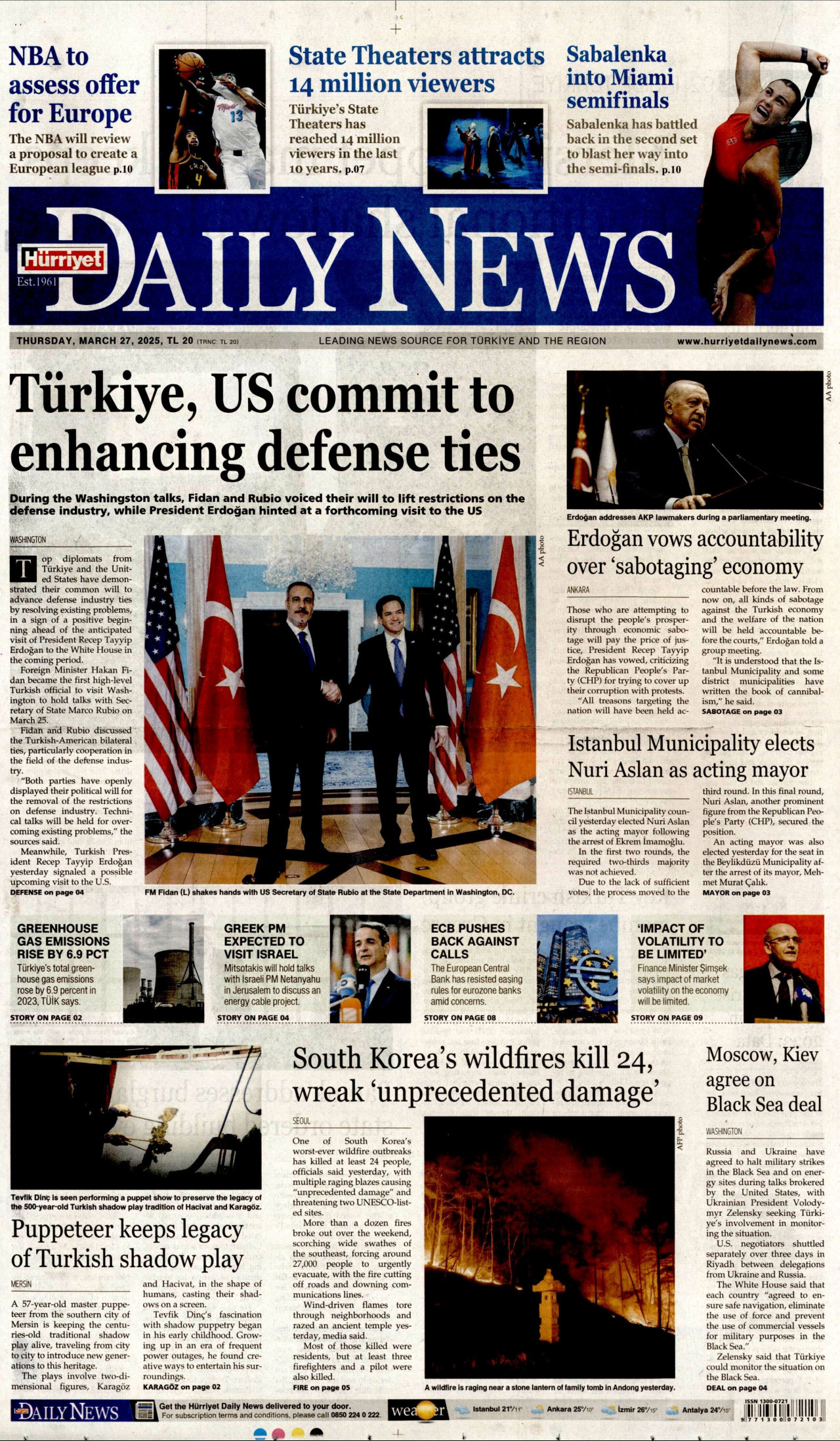 HÜRRİYET DAİLY NEWS gazetesinin 27 Mart 2025 tarihli birinci sayfası