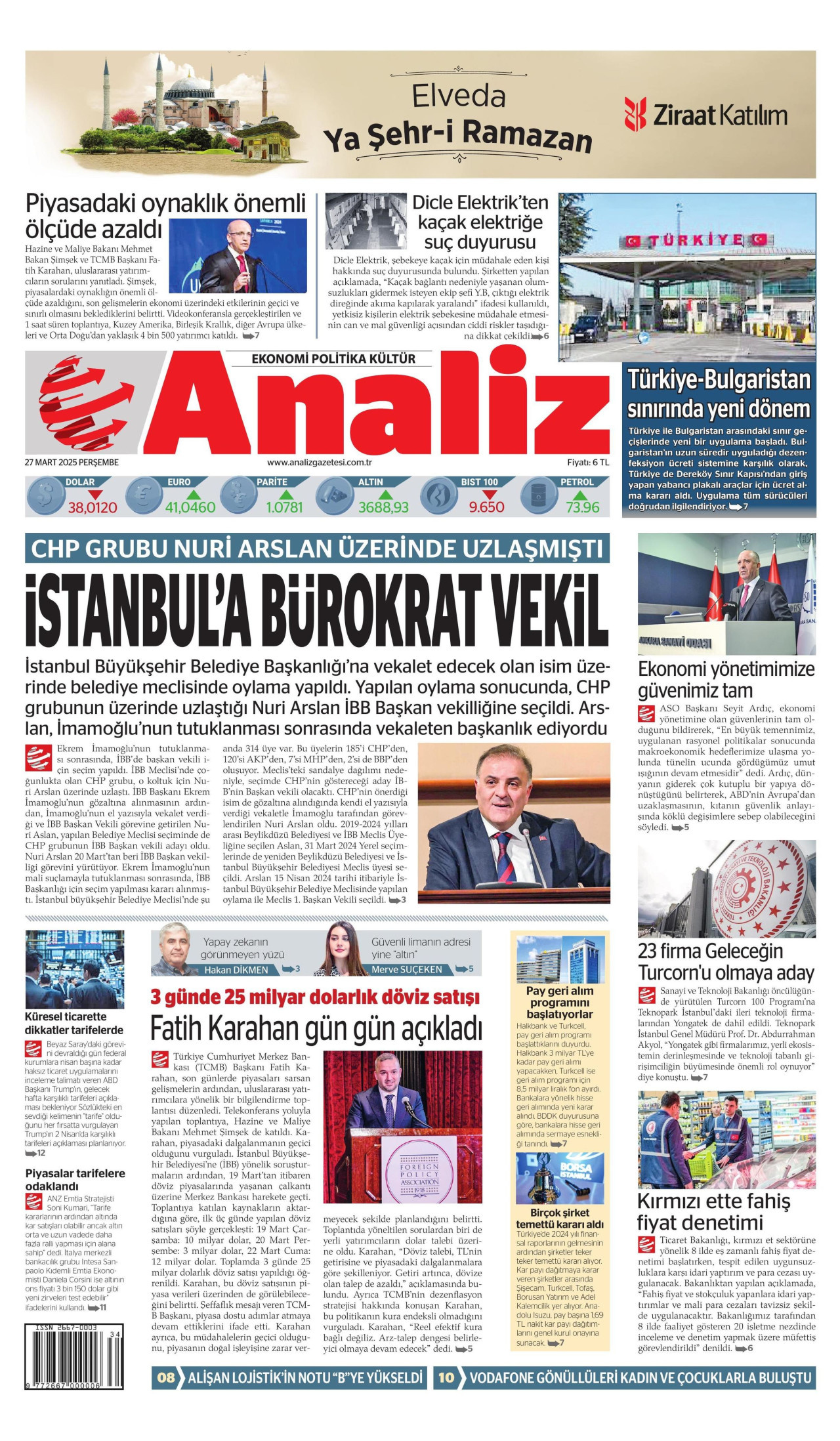 ANALİZ gazetesinin 27 Mart 2025 tarihli birinci sayfası