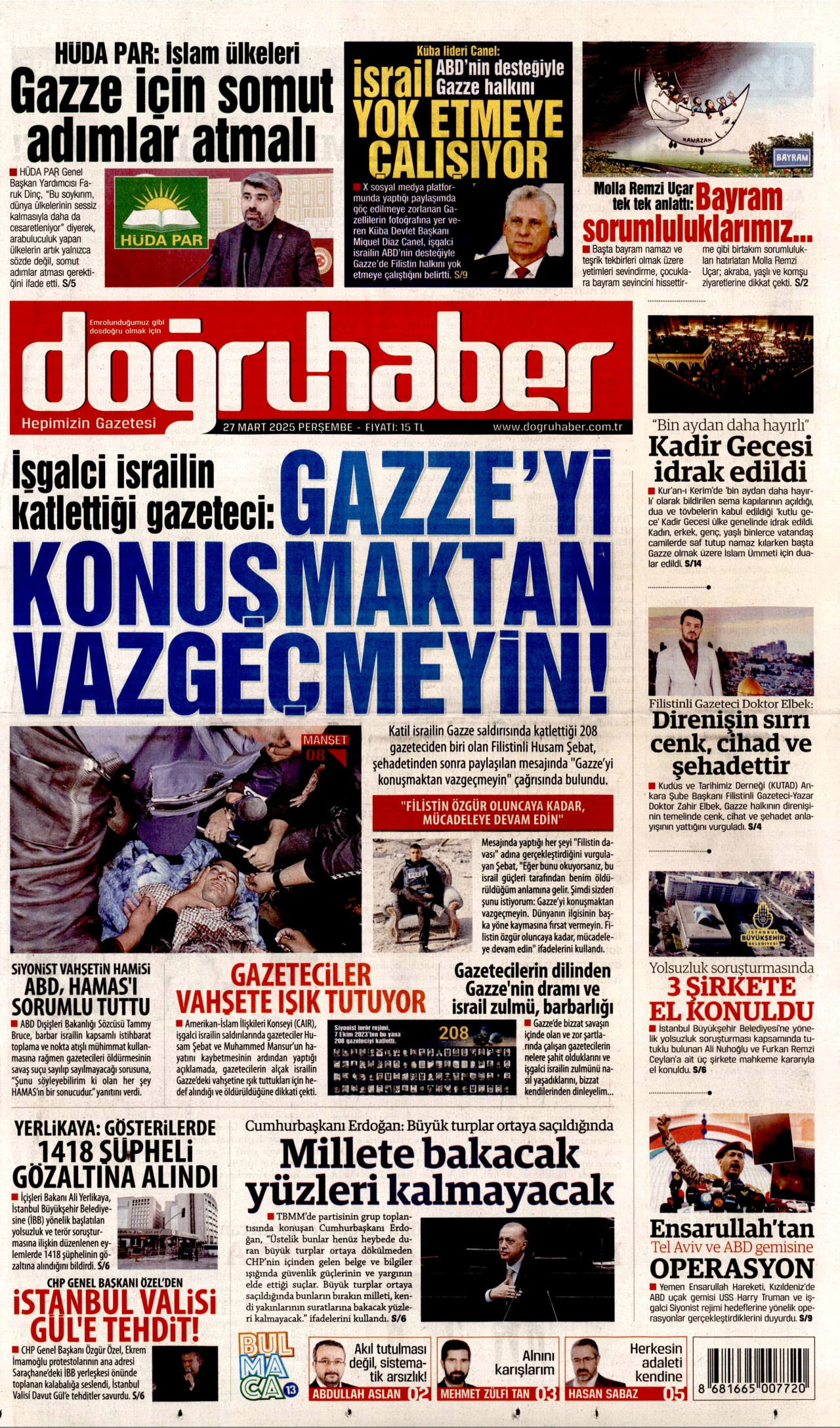 DOĞRU HABER gazetesinin 27 Mart 2025 tarihli birinci sayfası