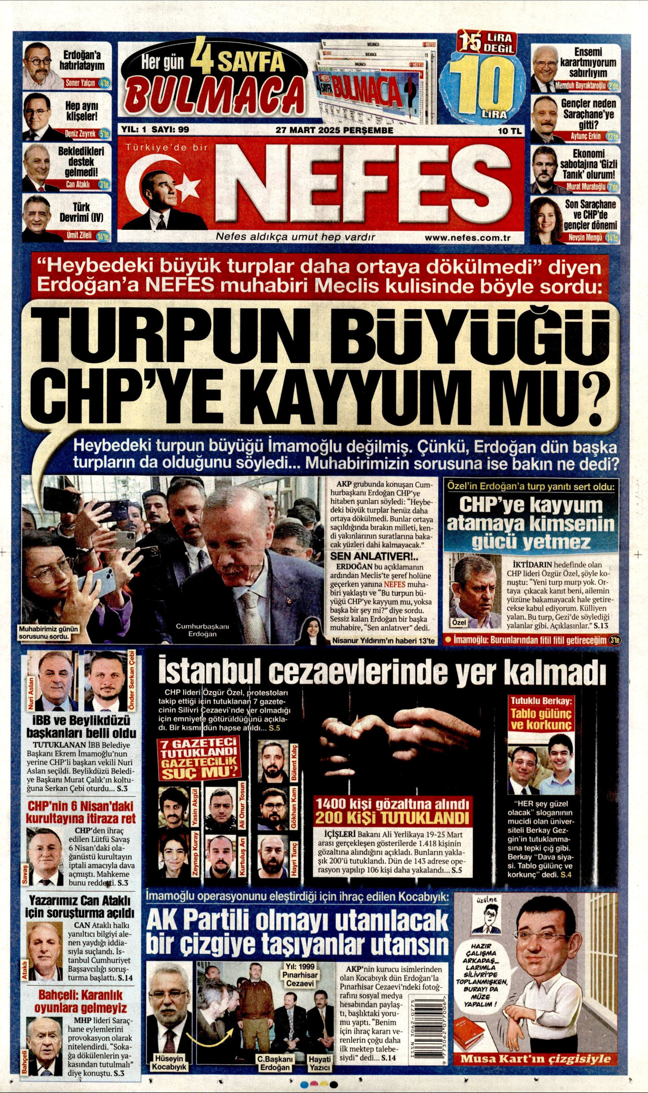 NEFES gazetesinin 27 Mart 2025 tarihli birinci sayfası
