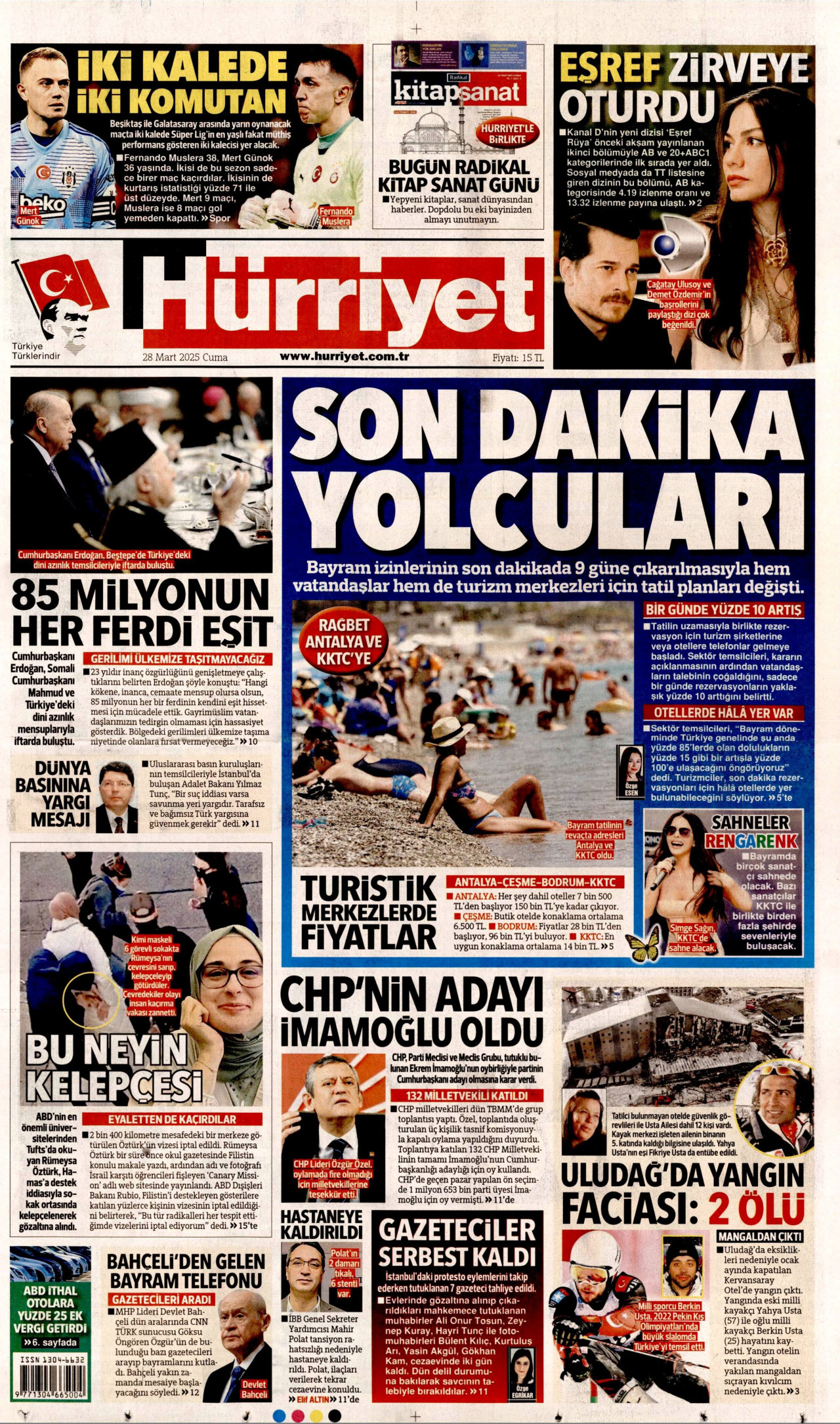 HÜRRİYET gazetesinin 28 Mart 2025 tarihli birinci sayfası