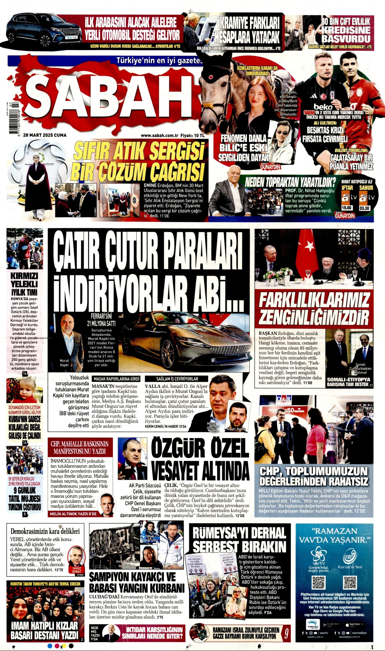 SABAH gazetesinin 28 Mart 2025 tarihli birinci sayfası