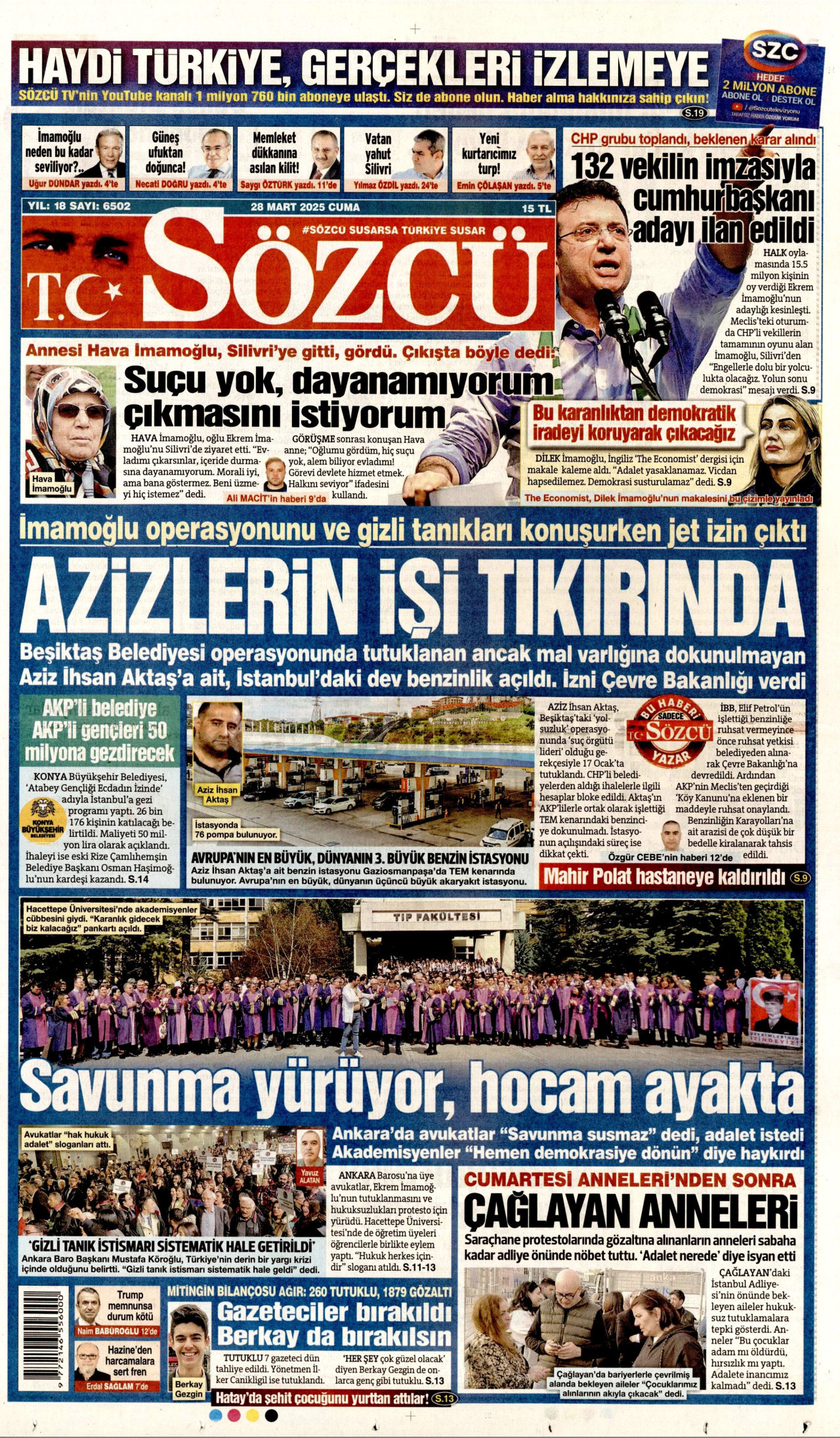 SÖZCÜ gazetesinin 28 Mart 2025 tarihli birinci sayfası