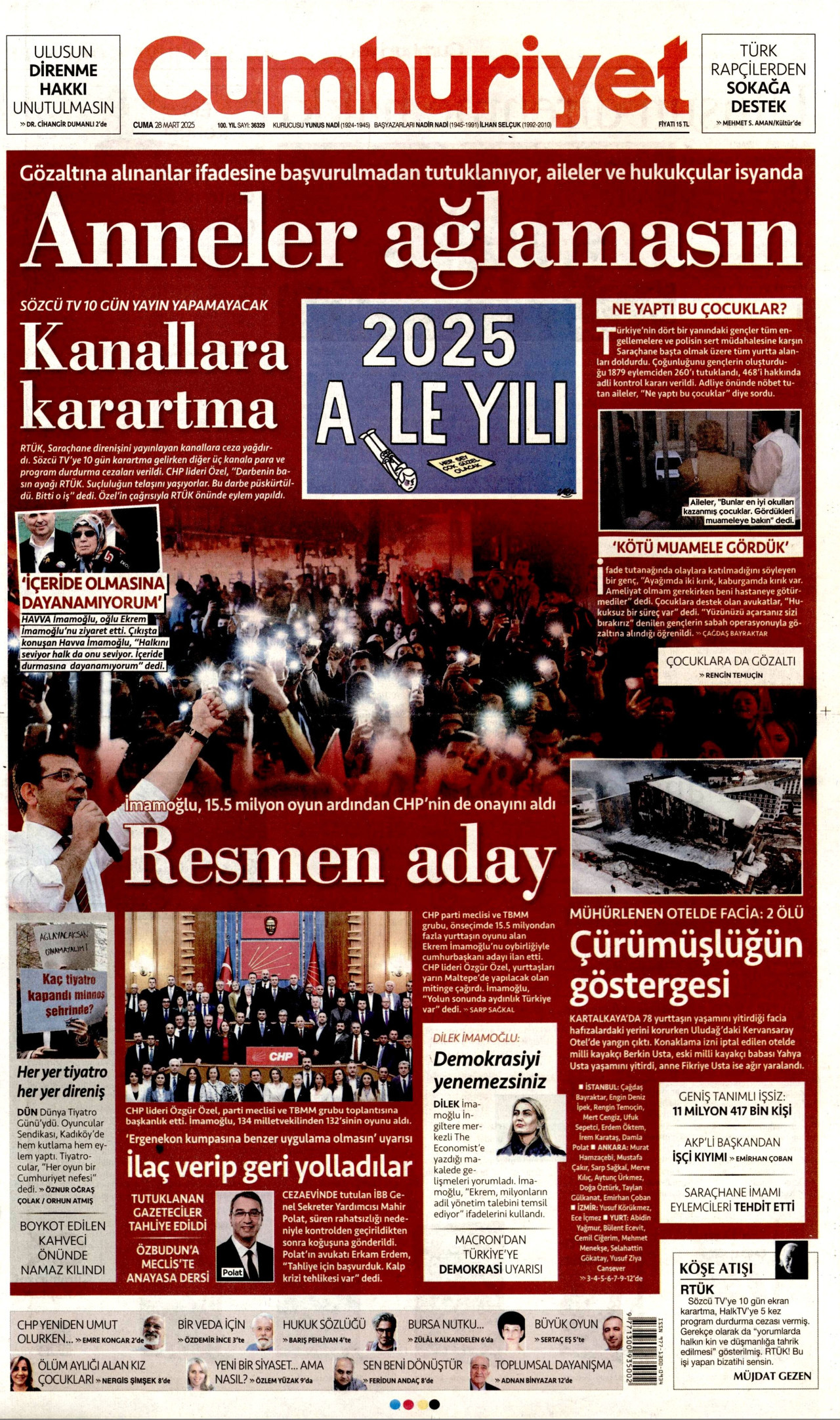 CUMHURİYET gazetesinin 28 Mart 2025 tarihli birinci sayfası
