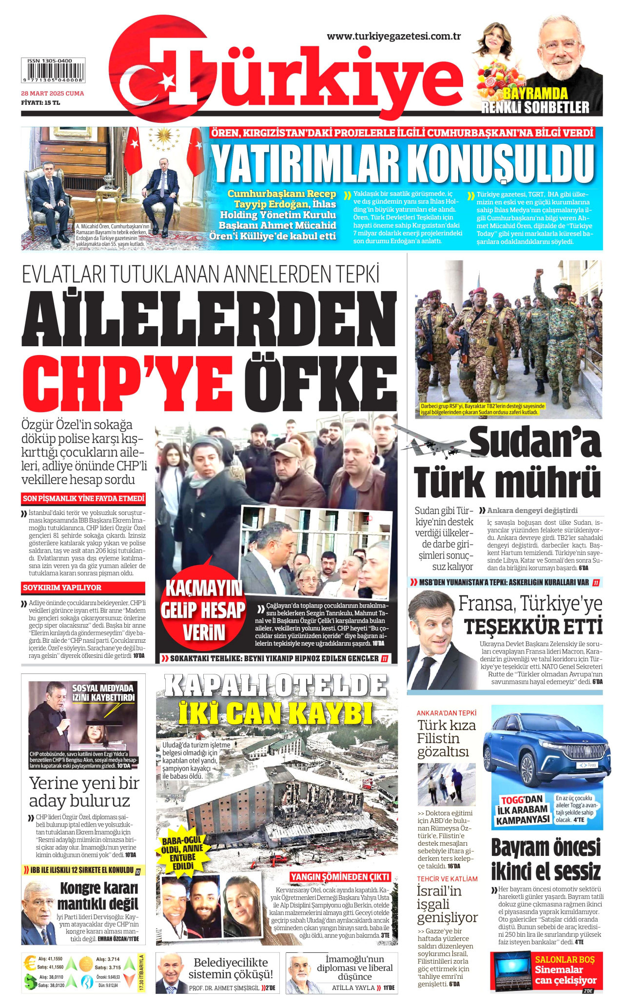TÜRKİYE GAZETESİ gazetesinin 28 Mart 2025 tarihli birinci sayfası