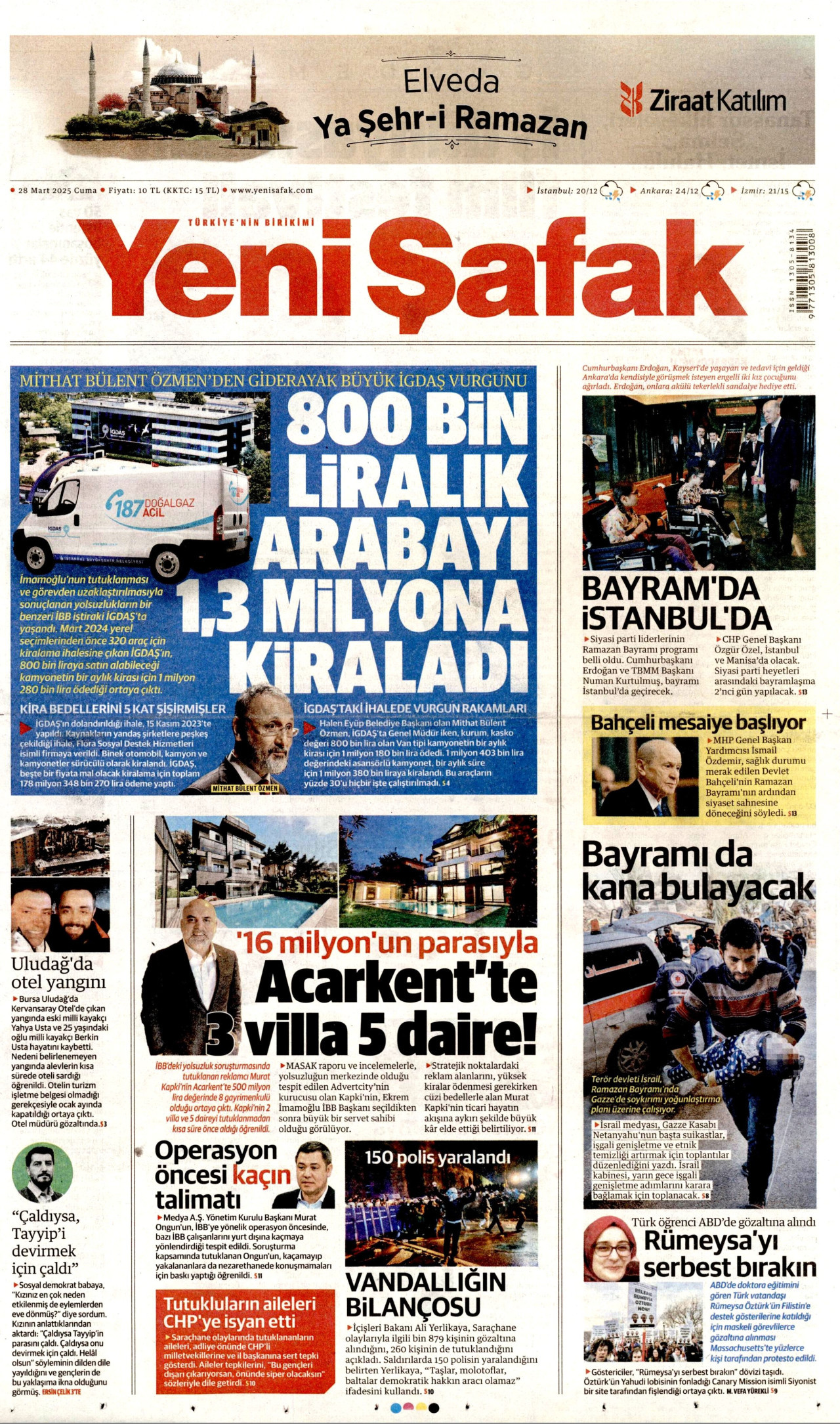 YENİ ŞAFAK gazetesinin 28 Mart 2025 tarihli birinci sayfası