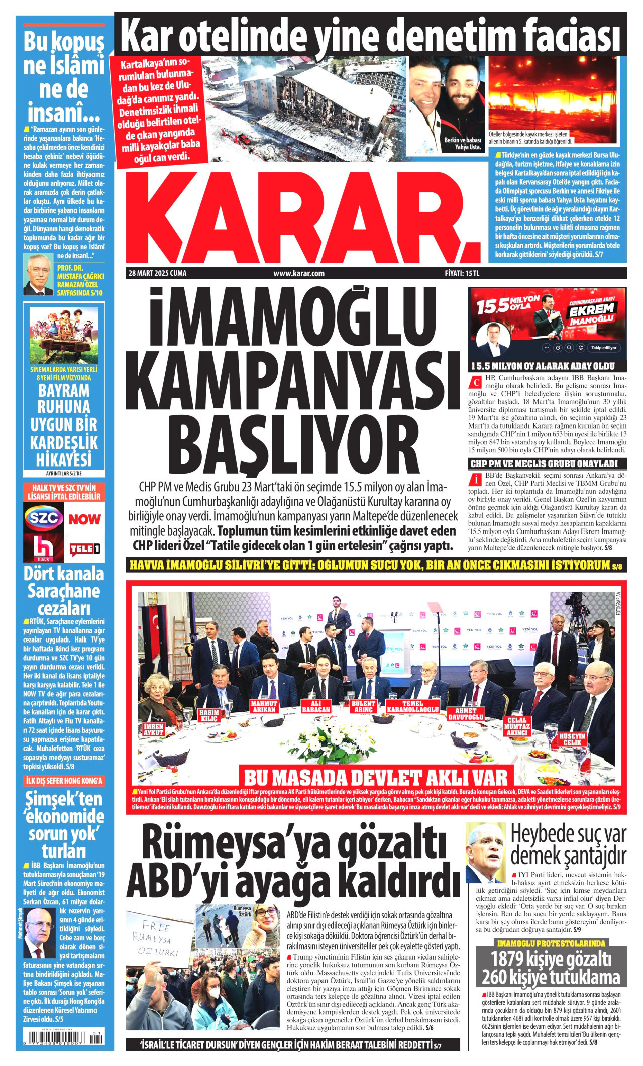 KARAR gazetesinin 28 Mart 2025 tarihli birinci sayfası