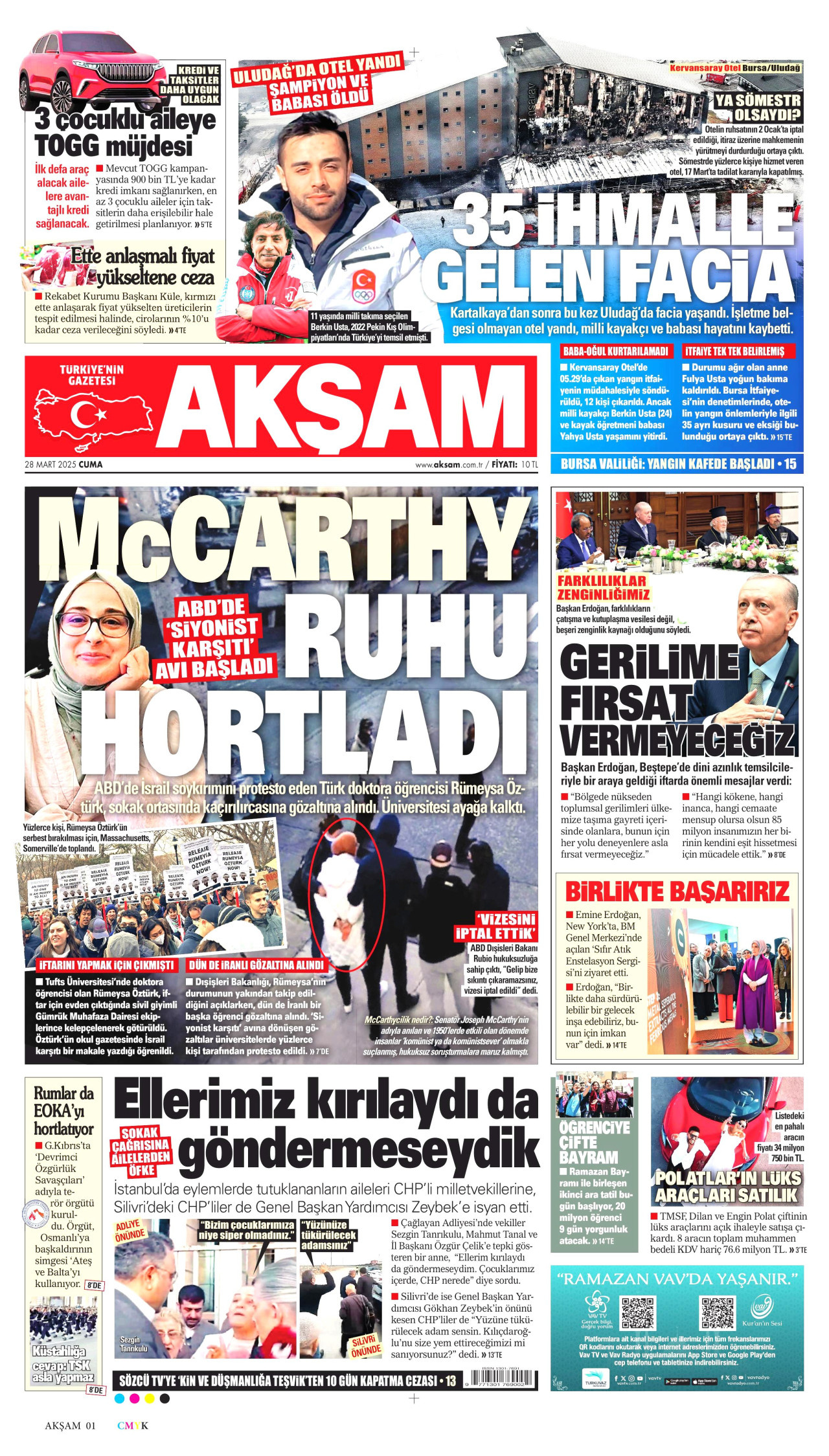 AKŞAM gazetesinin 28 Mart 2025 tarihli birinci sayfası
