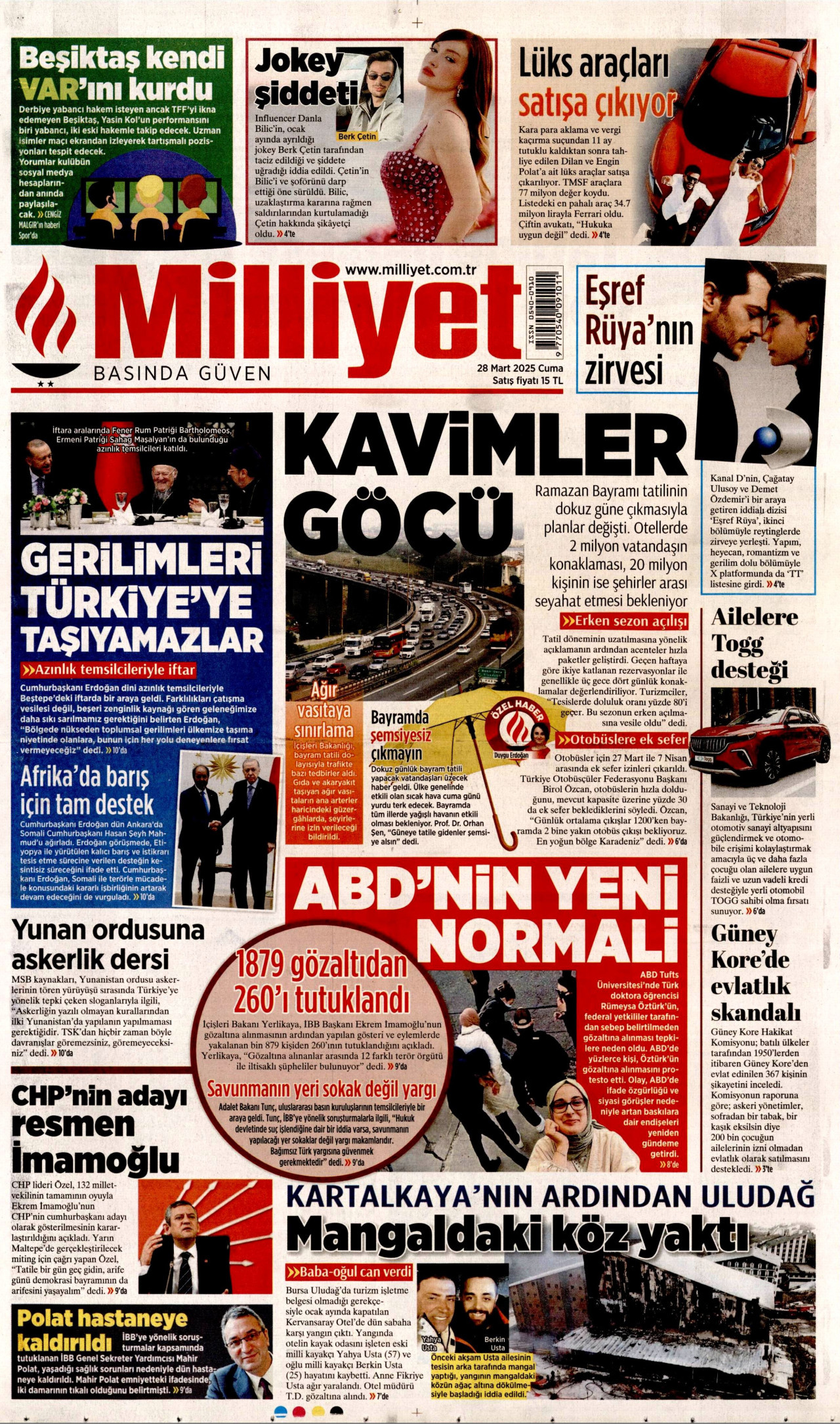 MİLLİYET gazetesinin 28 Mart 2025 tarihli birinci sayfası