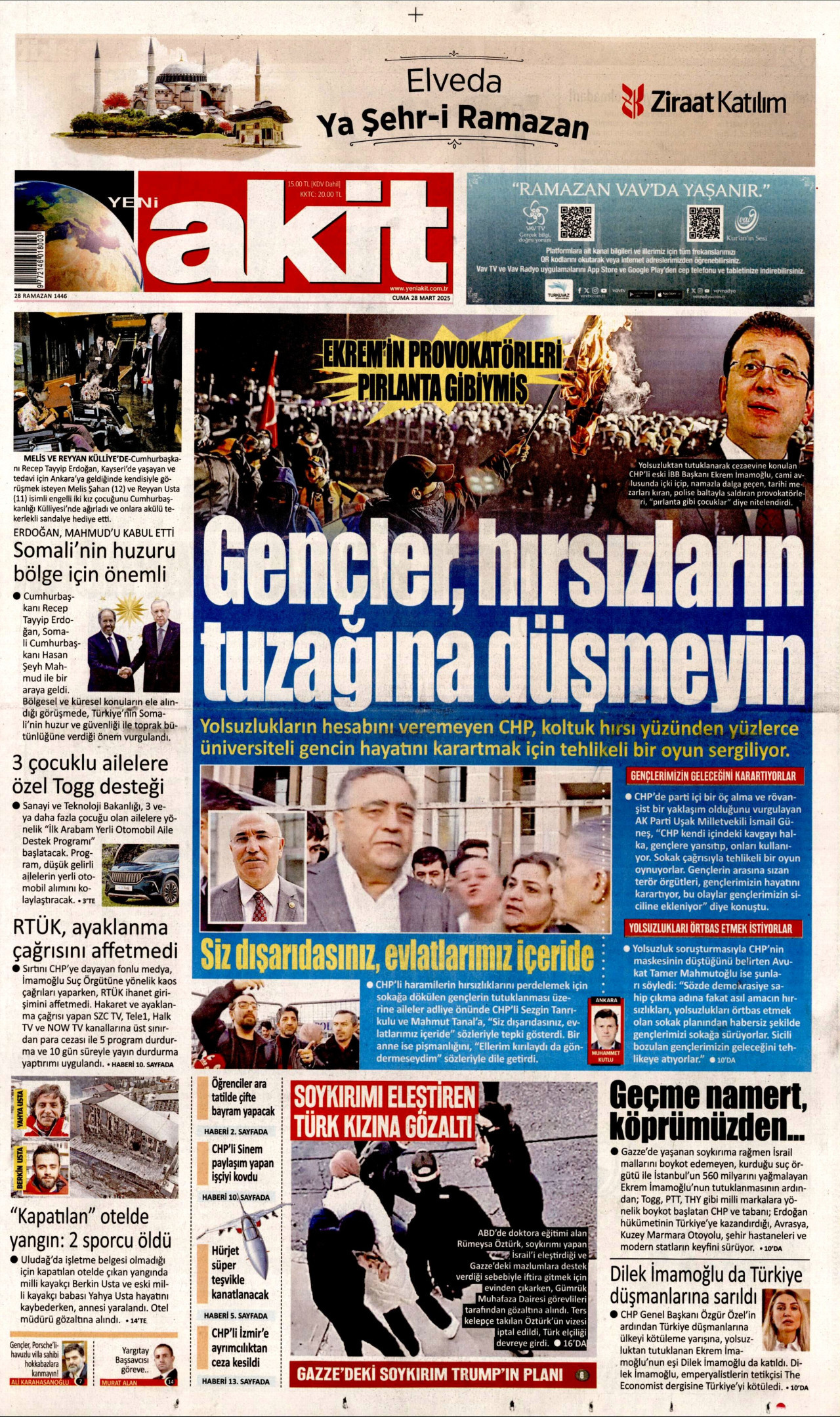 YENİ AKİT gazetesinin 28 Mart 2025 tarihli birinci sayfası