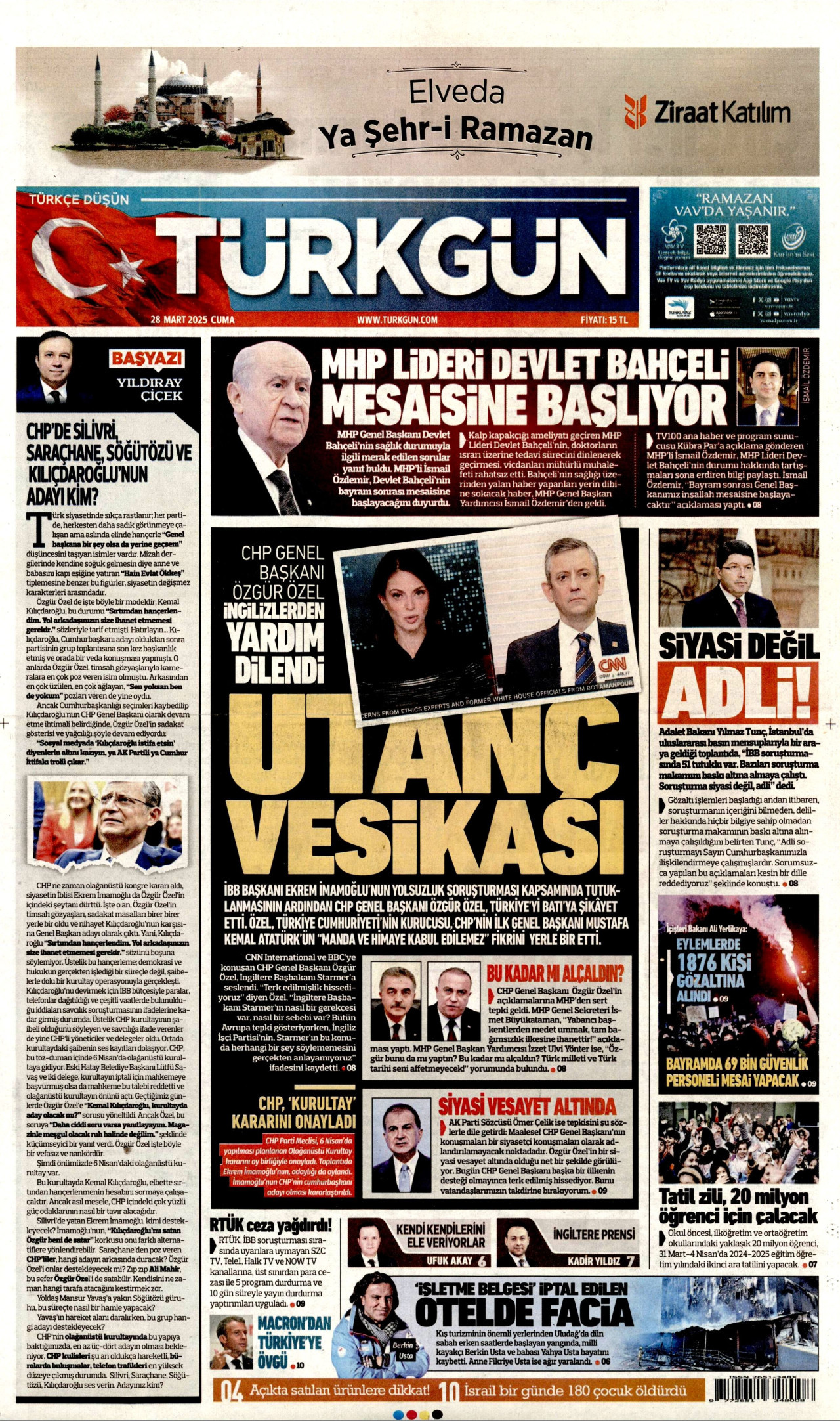 TÜRKGÜN gazetesinin 28 Mart 2025 tarihli birinci sayfası