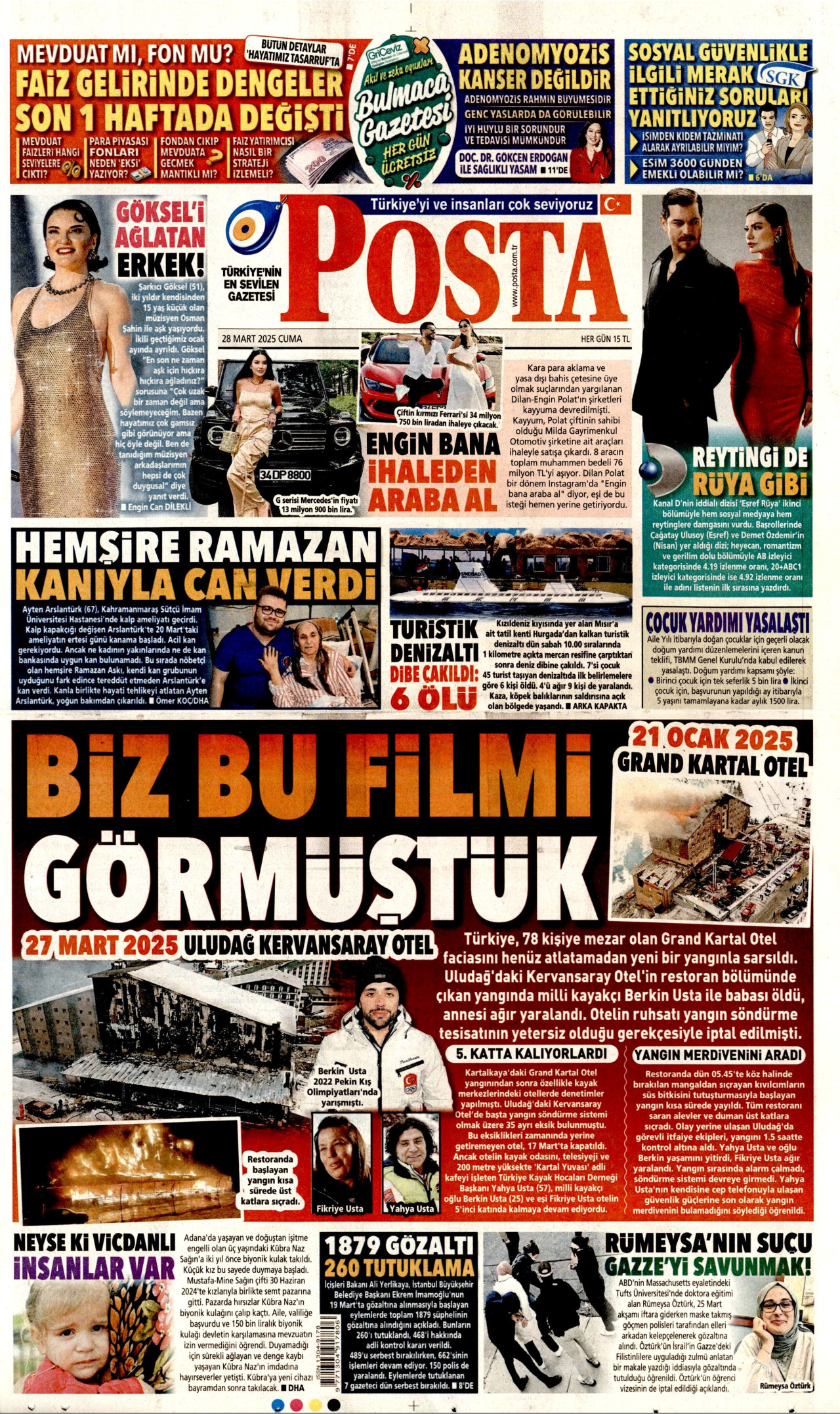 POSTA gazetesinin 28 Mart 2025 tarihli birinci sayfası